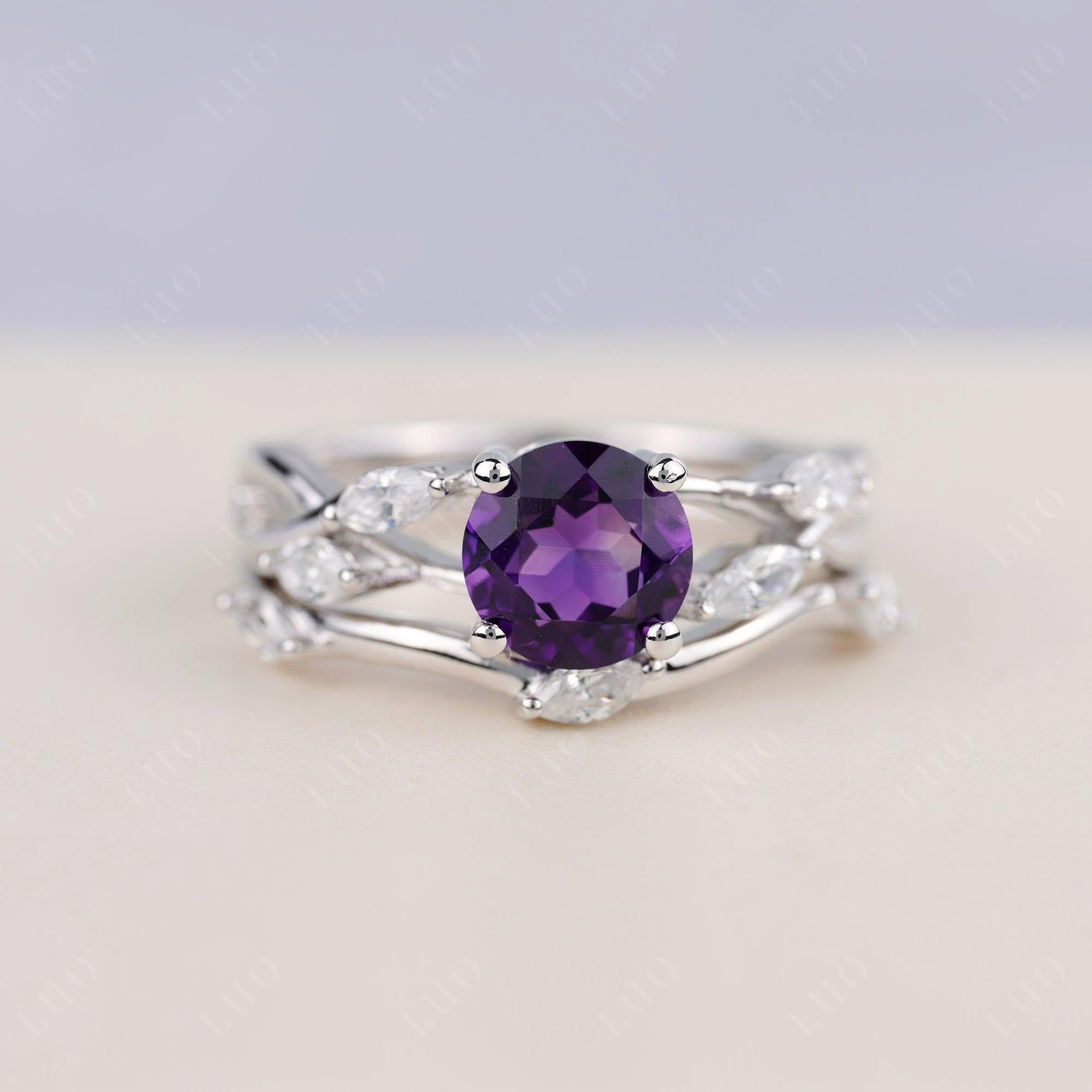 Art Deco Amethyst Bridal Set Engagement Ring - LUO Jewelry 