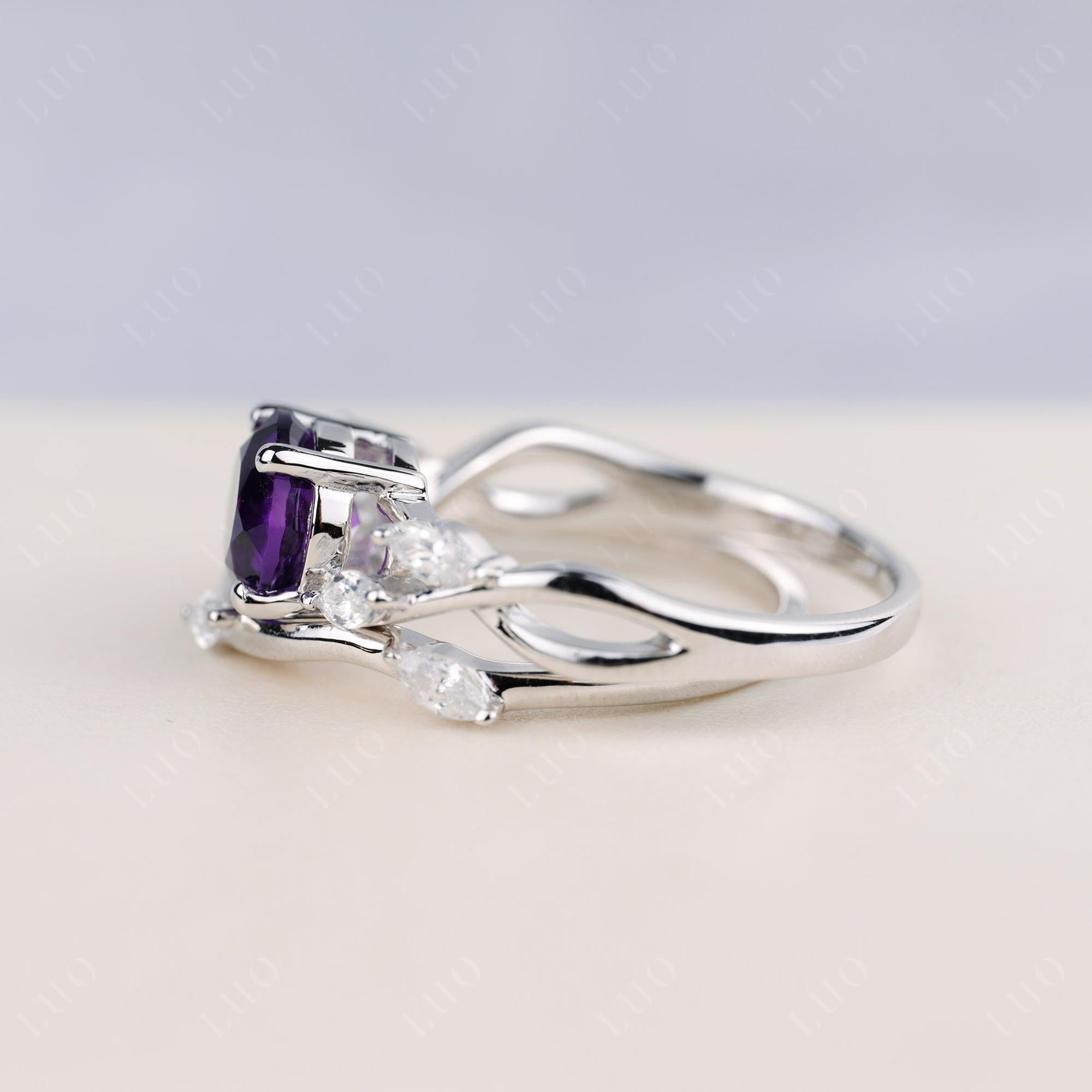 Art Deco Amethyst Bridal Set Engagement Ring - LUO Jewelry 