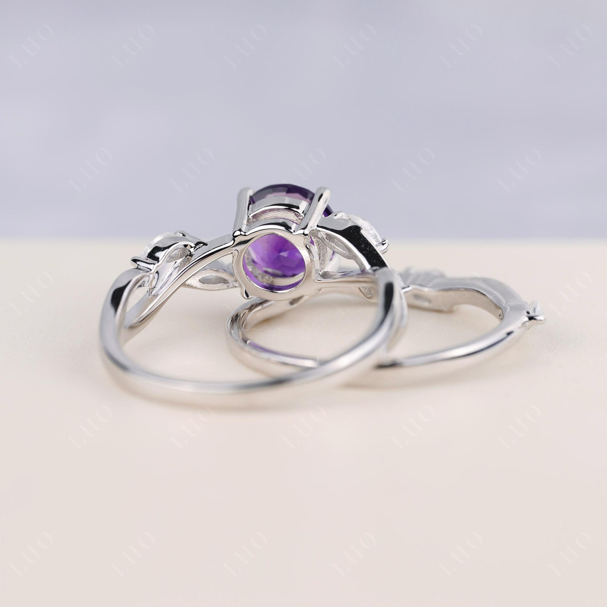 Art Deco Amethyst Bridal Set Engagement Ring - LUO Jewelry 