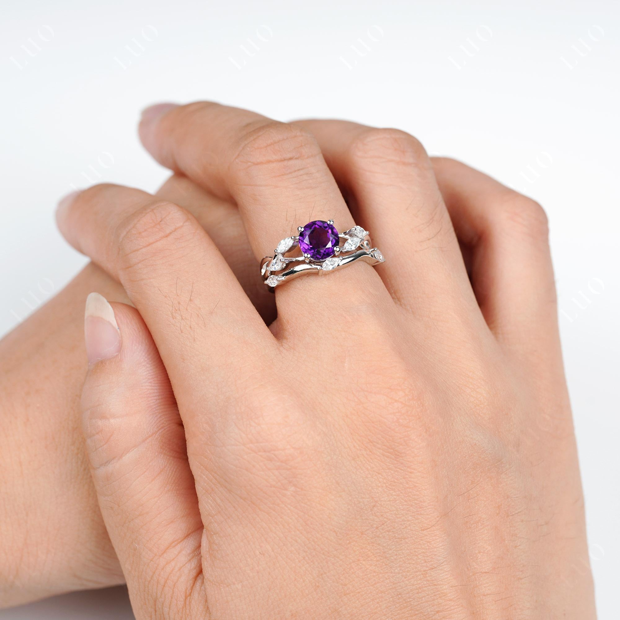 Art Deco Amethyst Bridal Set Engagement Ring - LUO Jewelry 