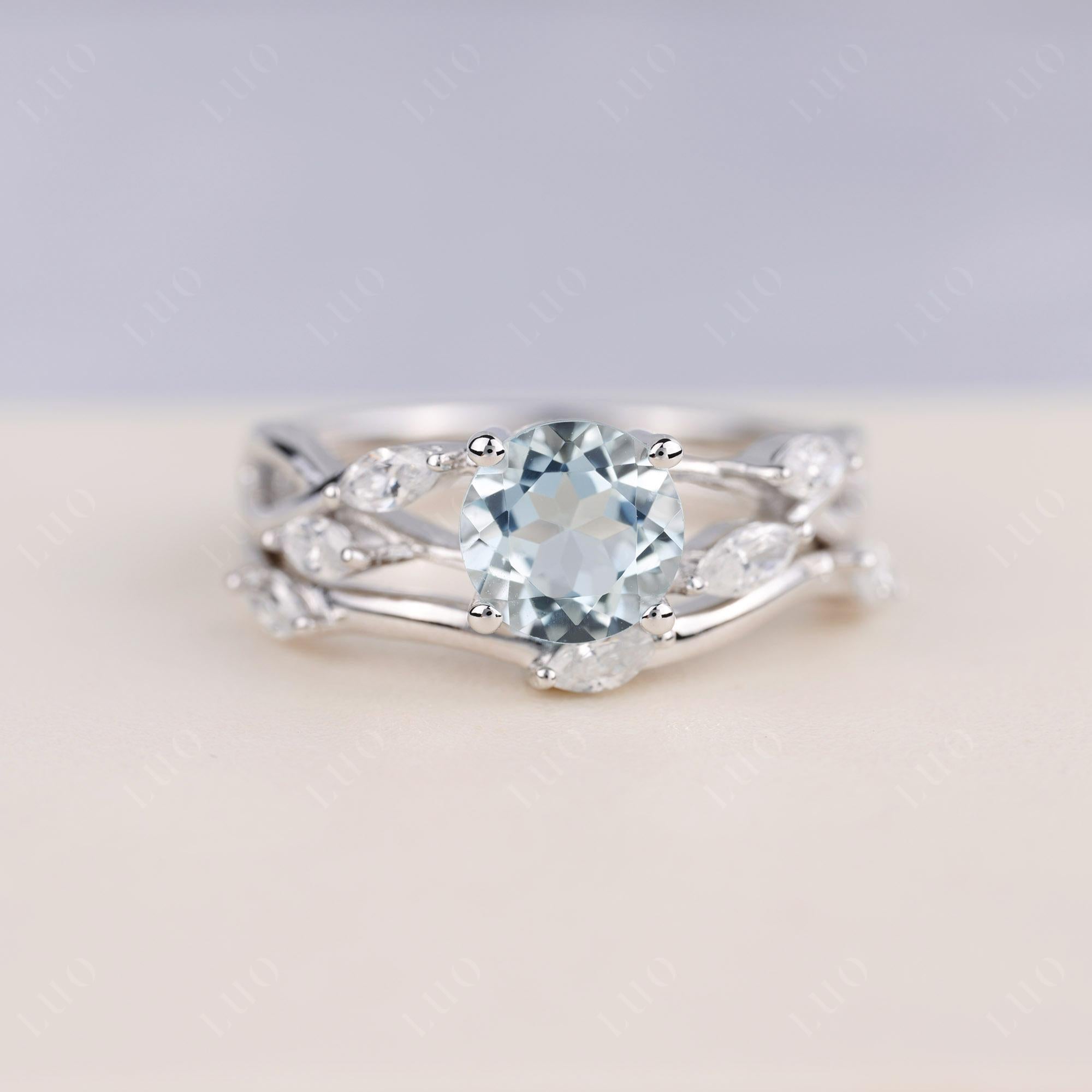 Art Deco Aquamarine Bridal Set Engagement Ring - LUO Jewelry 