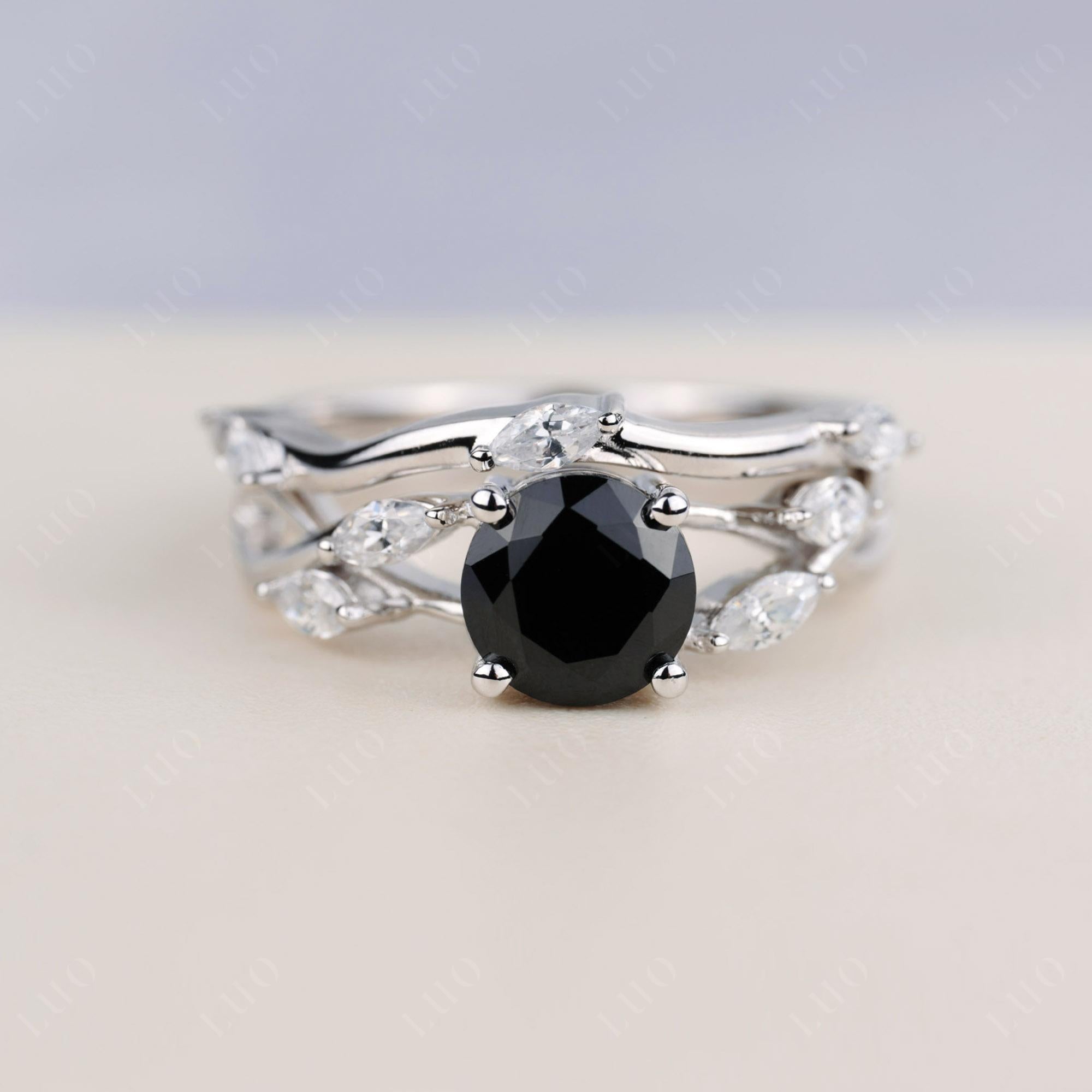 Art Deco Black Spinel Bridal Set Engagement Ring - LUO Jewelry 