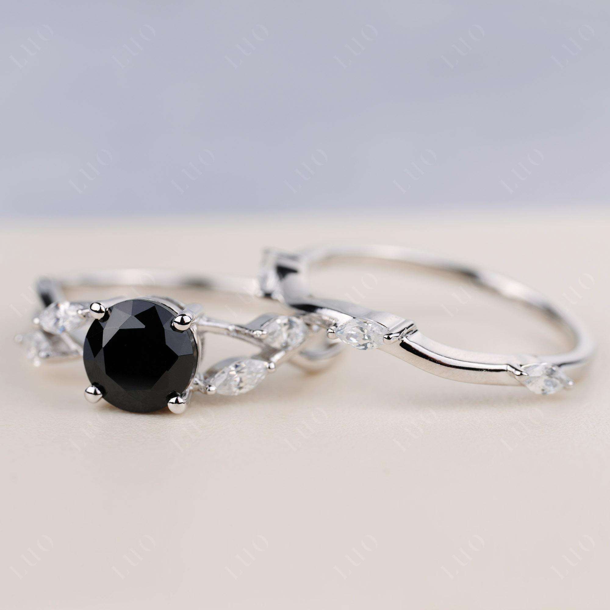 Art Deco Black Spinel Bridal Set Engagement Ring - LUO Jewelry 