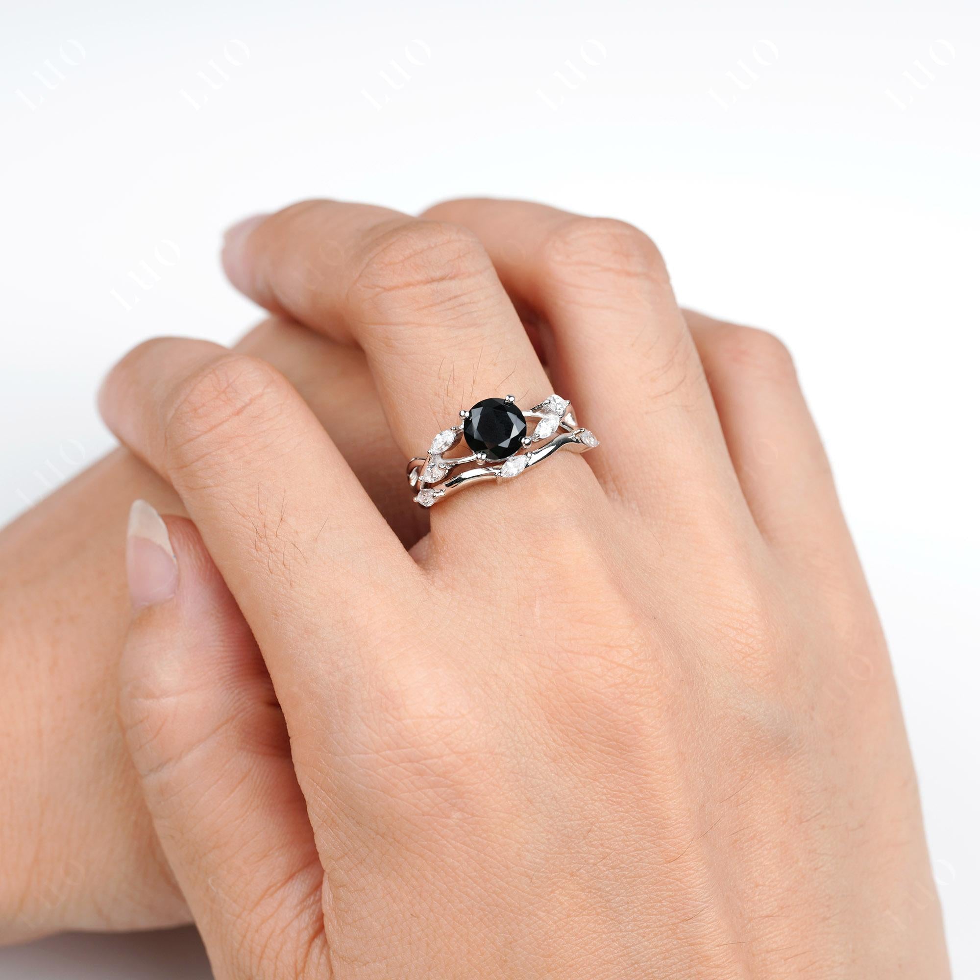 Art Deco Black Spinel Bridal Set Engagement Ring - LUO Jewelry 