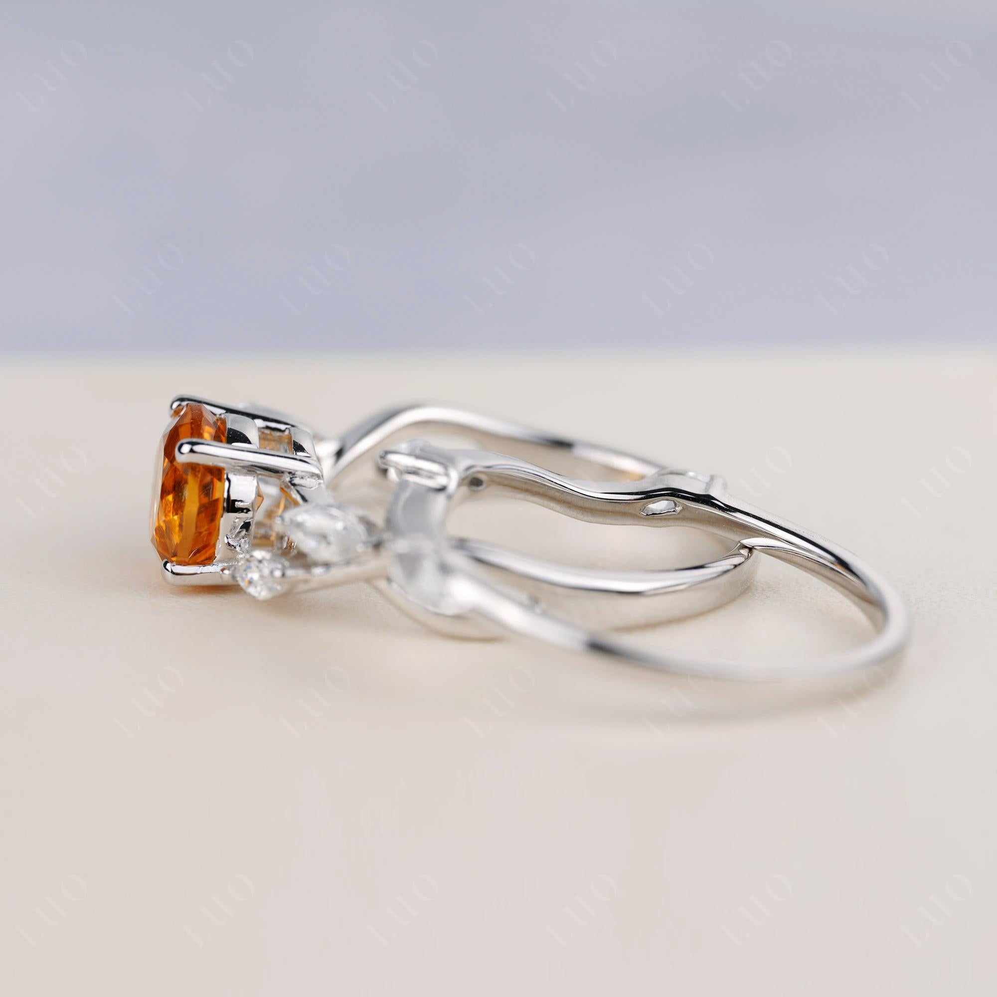 Art Deco Citrine Bridal Set Engagement Ring - LUO Jewelry 