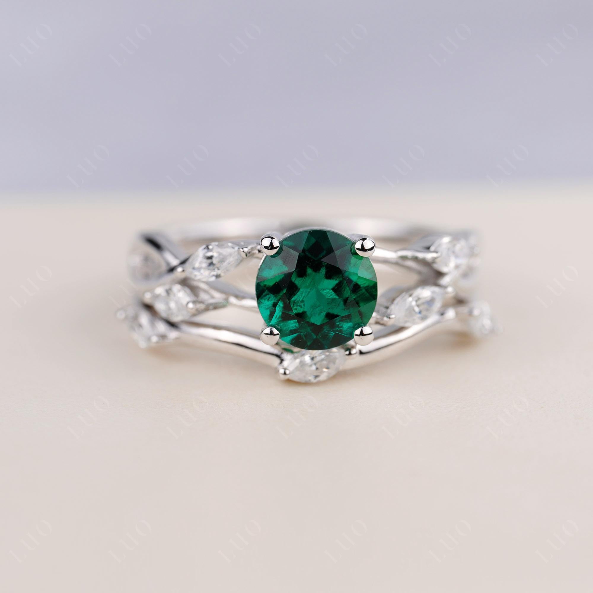 Art Deco Emerald Bridal Set Engagement Ring - LUO Jewelry 