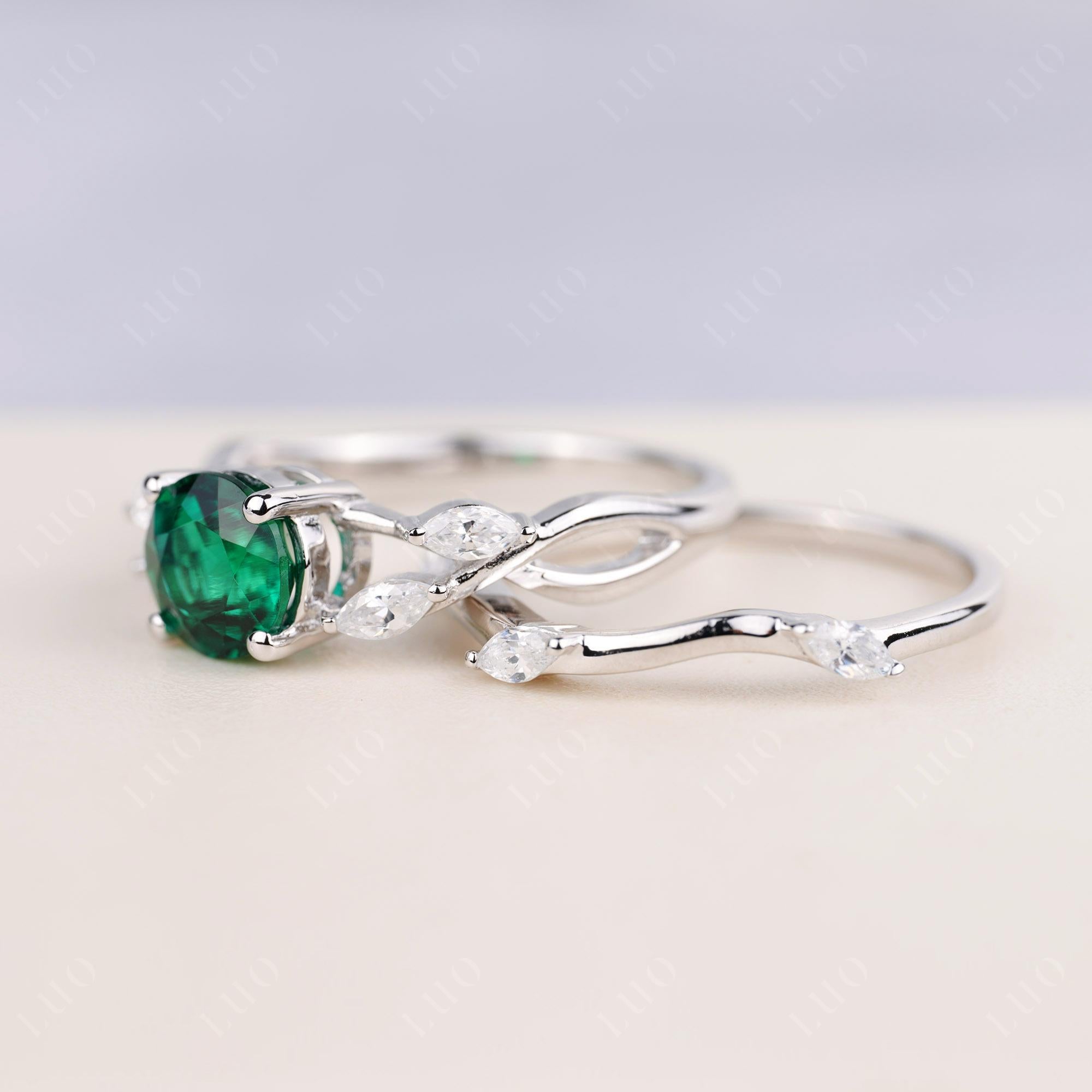 Art Deco Emerald Bridal Set Engagement Ring - LUO Jewelry 