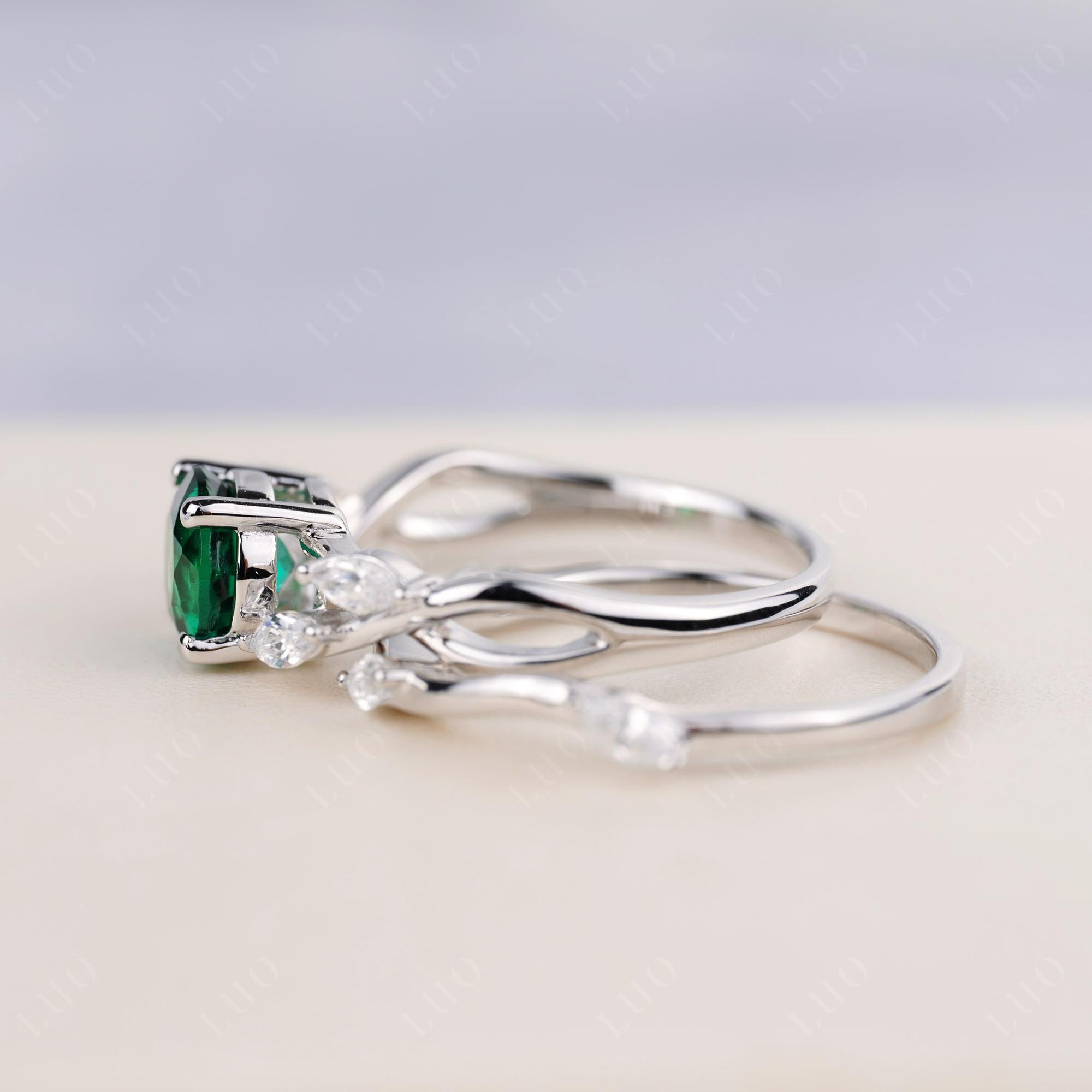 Art Deco Emerald Bridal Set Engagement Ring - LUO Jewelry 