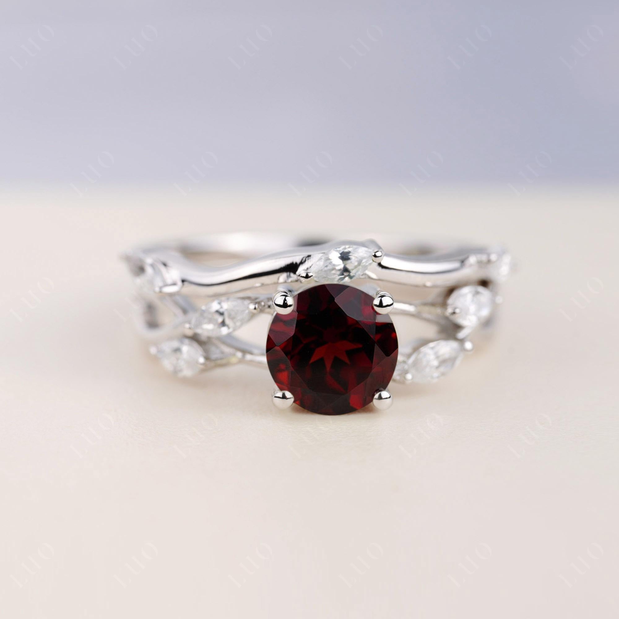 Art Deco Garnet Bridal Set Engagement Ring - LUO Jewelry 