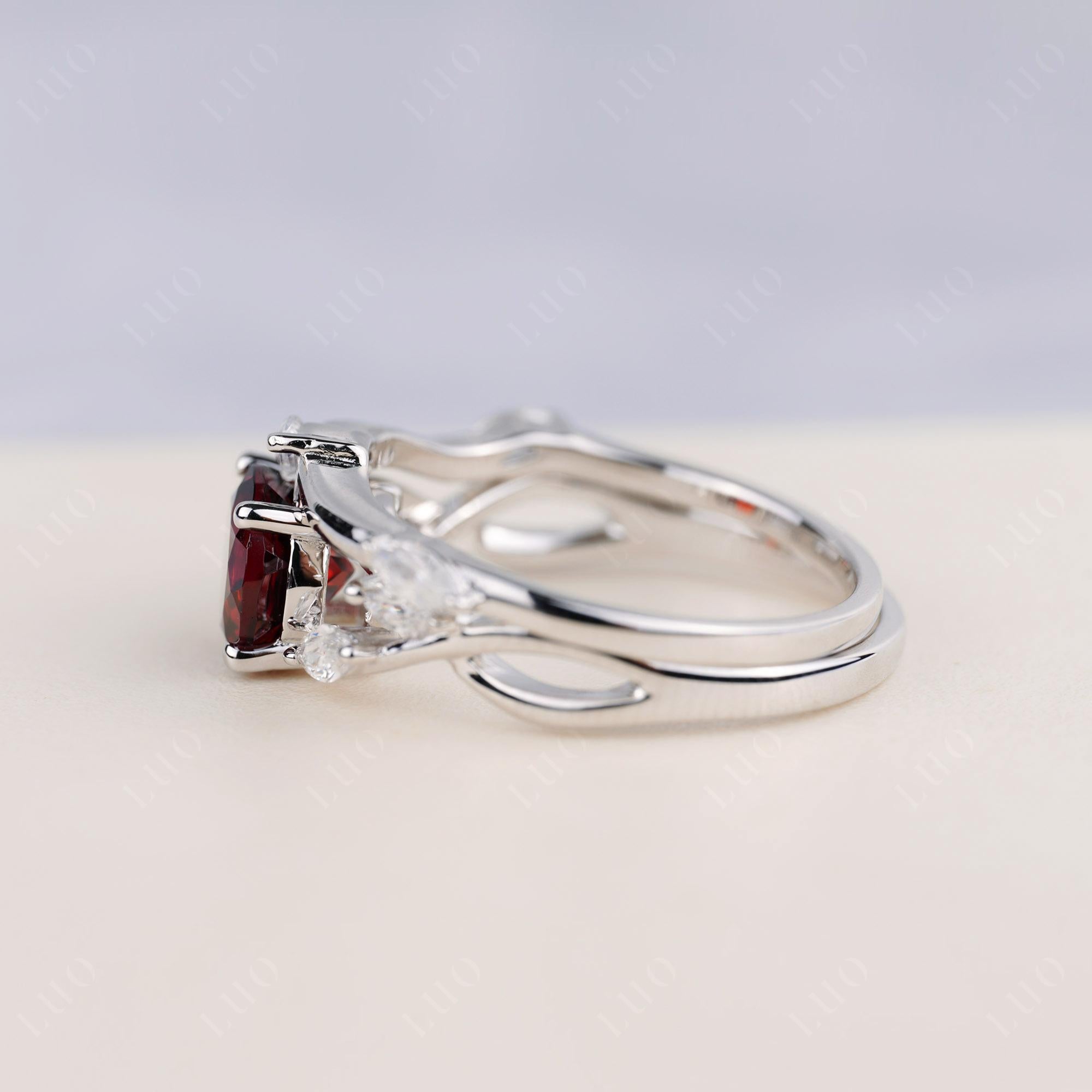 Art Deco Garnet Bridal Set Engagement Ring - LUO Jewelry 