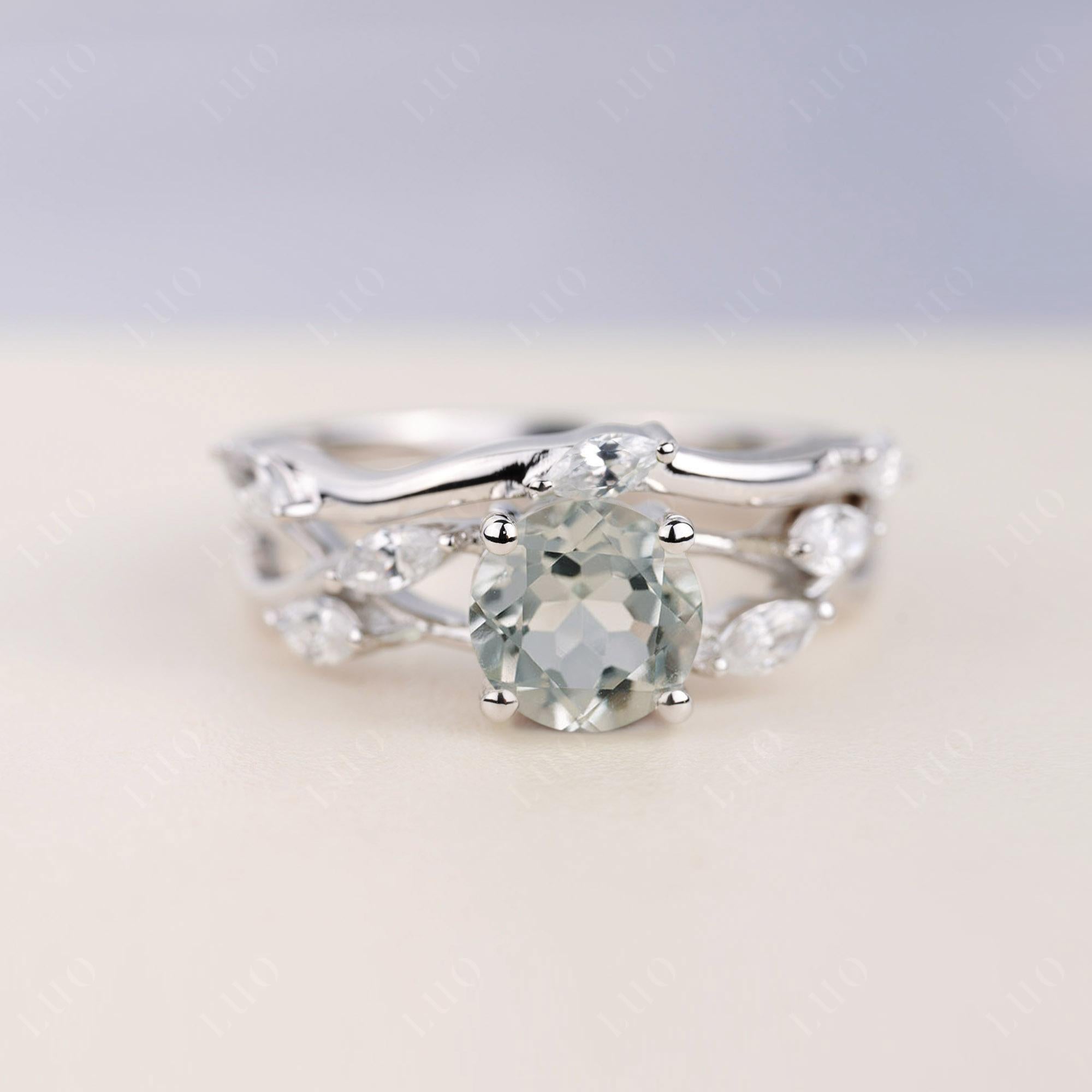 Art Deco Green Amethyst Bridal Set Engagement Ring - LUO Jewelry 