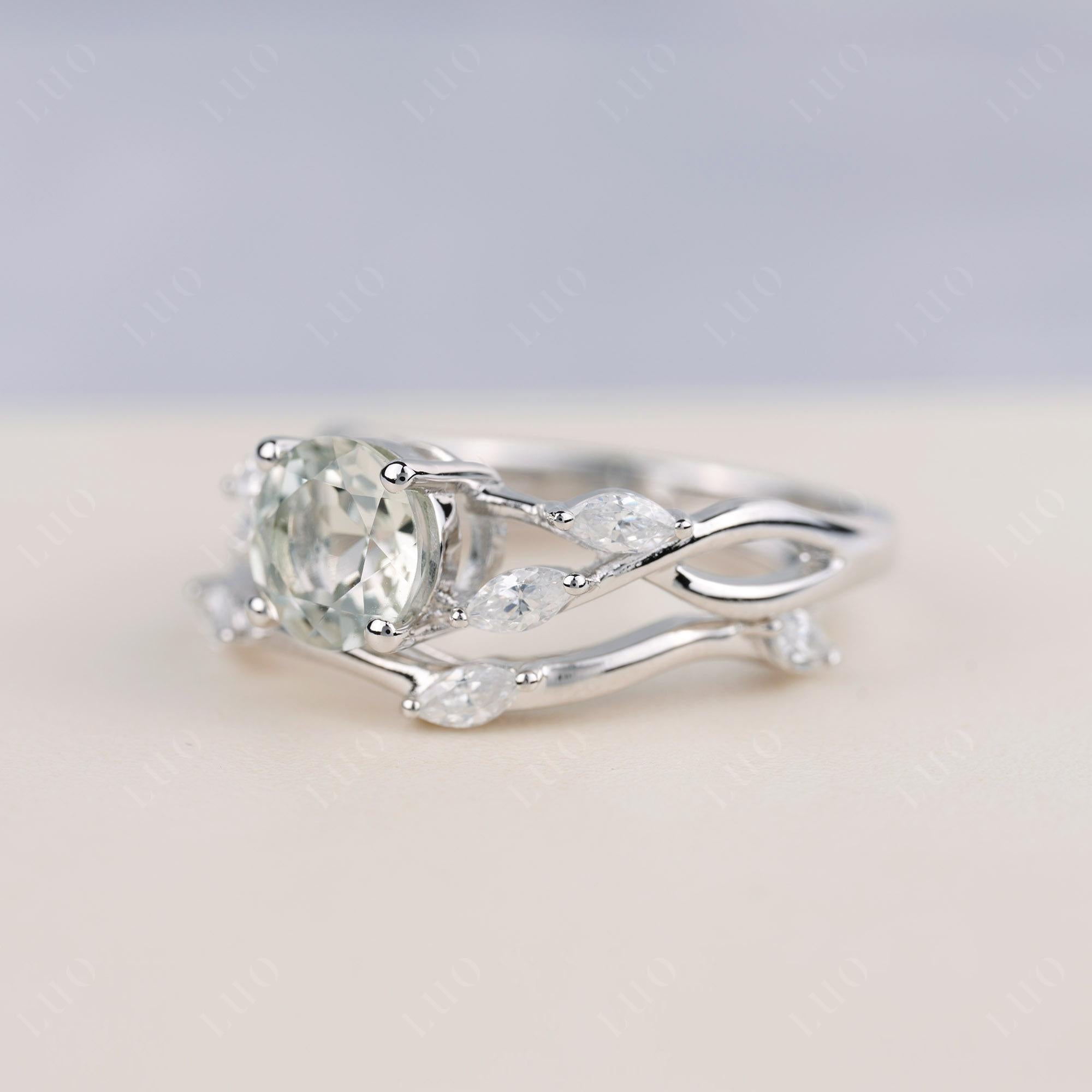 Art Deco Green Amethyst Bridal Set Engagement Ring - LUO Jewelry 