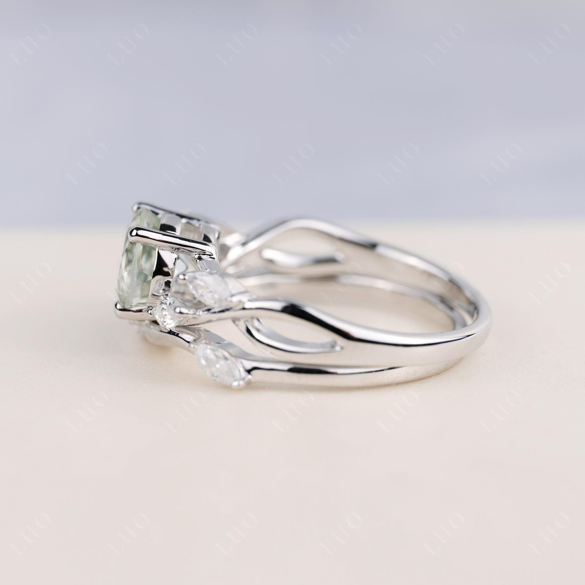 Art Deco Green Amethyst Bridal Set Engagement Ring - LUO Jewelry 