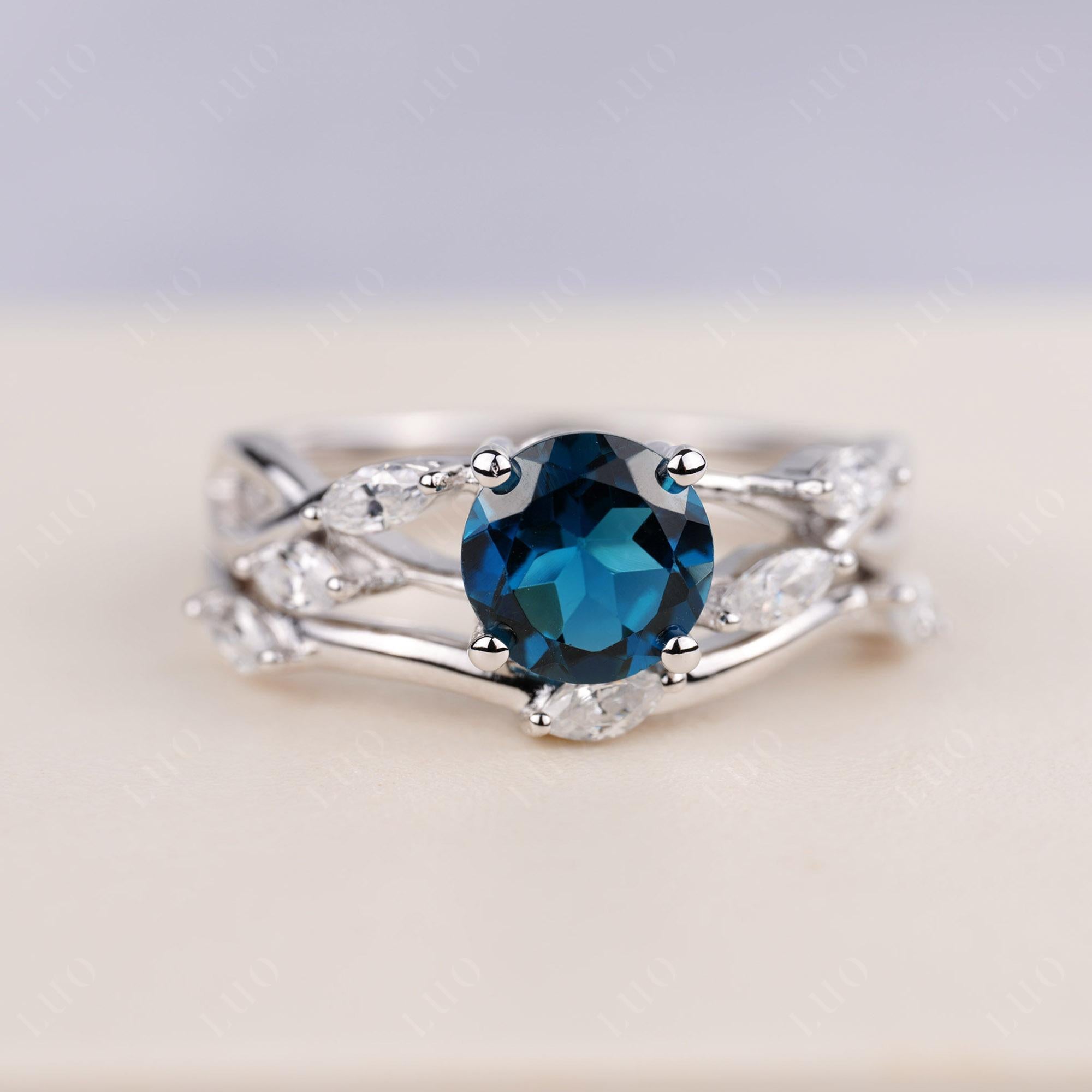 Art Deco London Blue Topaz Bridal Set Engagement Ring - LUO Jewelry 