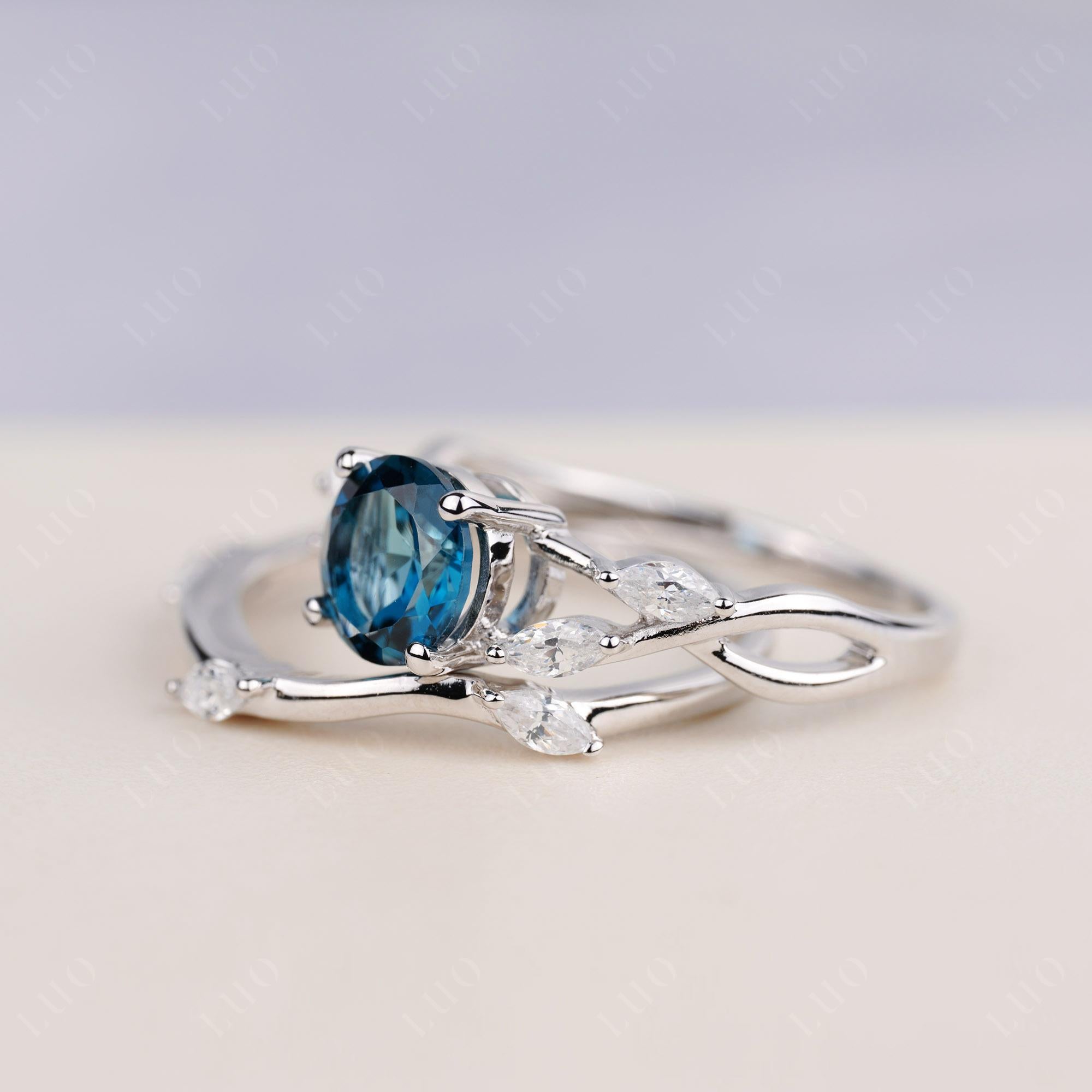 Art Deco London Blue Topaz Bridal Set Engagement Ring - LUO Jewelry 