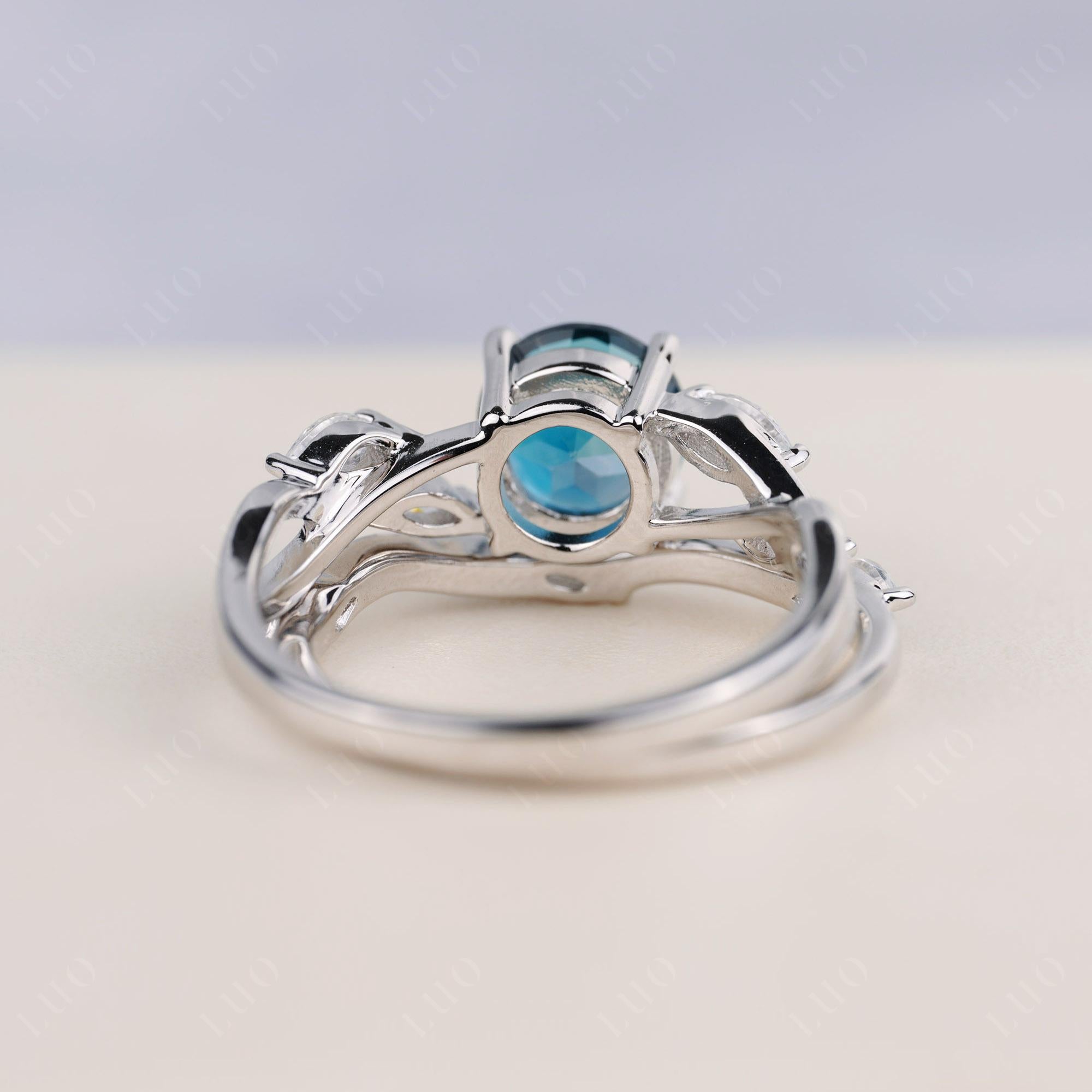 Art Deco London Blue Topaz Bridal Set Engagement Ring - LUO Jewelry 