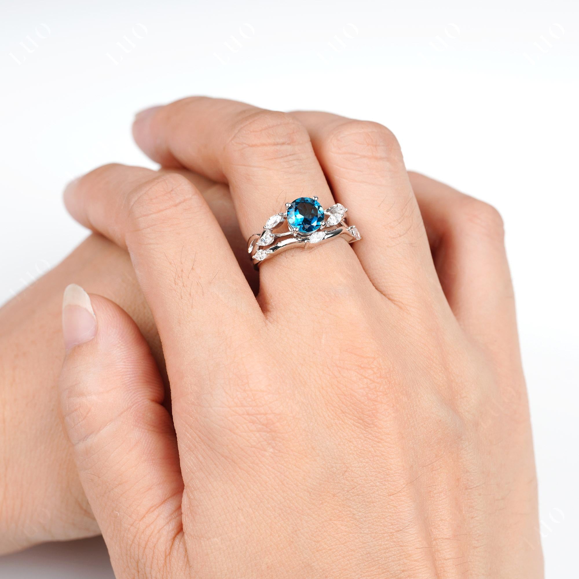 Art Deco London Blue Topaz Bridal Set Engagement Ring - LUO Jewelry 