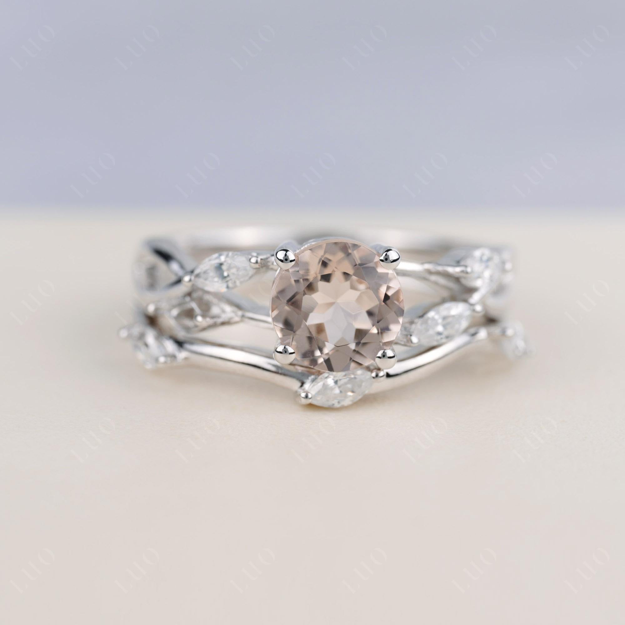 Art Deco Morganite Bridal Set Engagement Ring - LUO Jewelry 