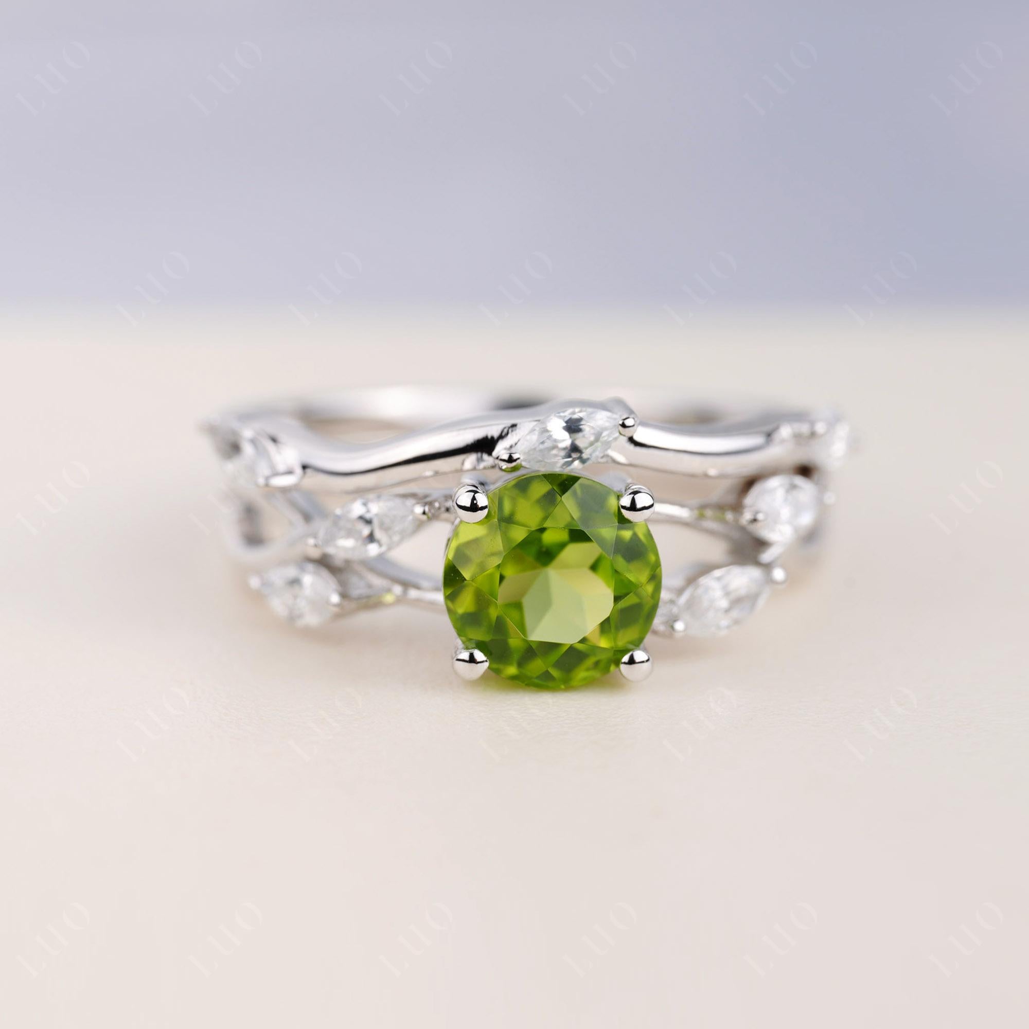 Art Deco Peridot Bridal Set Engagement Ring - LUO Jewelry 