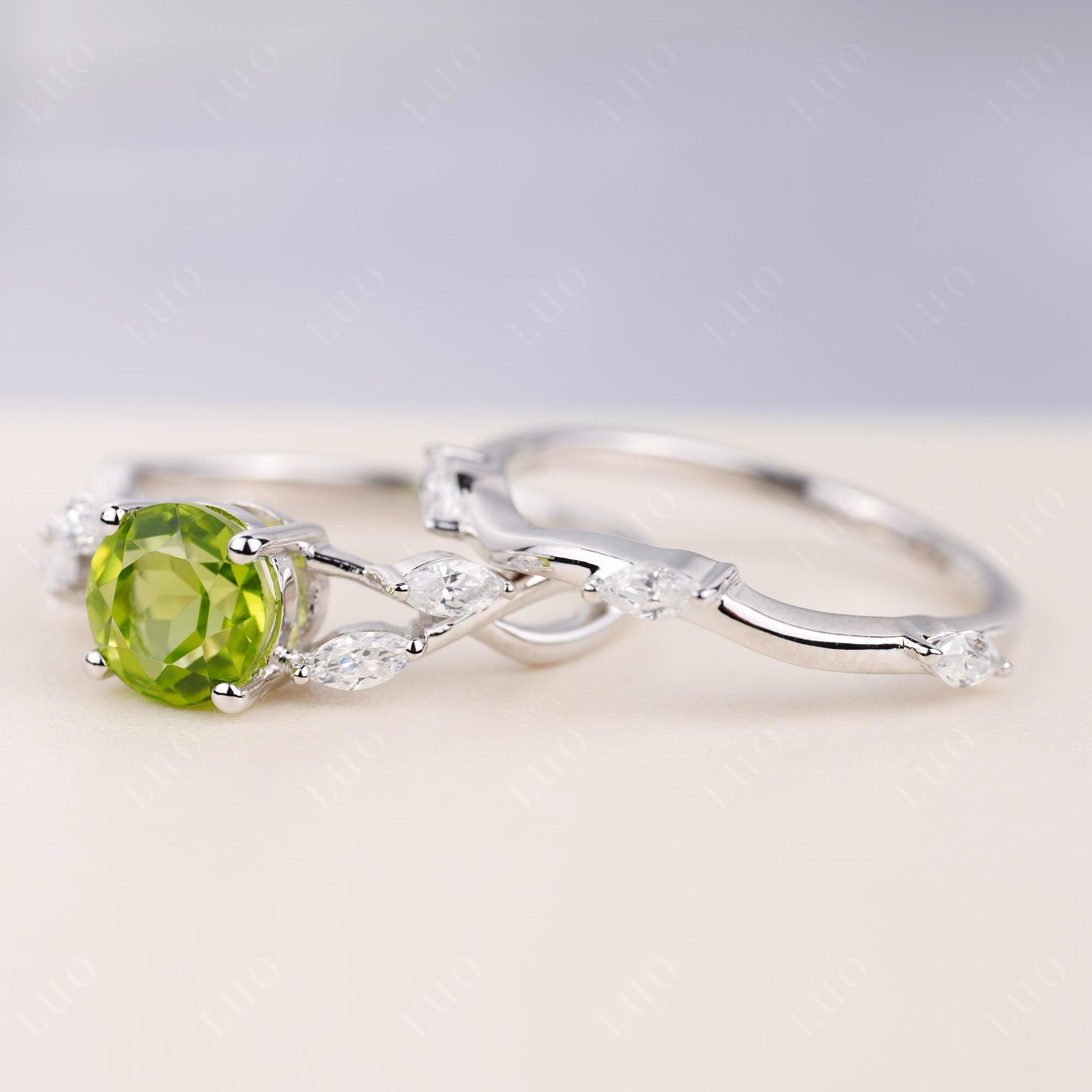 Art Deco Peridot Bridal Set Engagement Ring - LUO Jewelry 