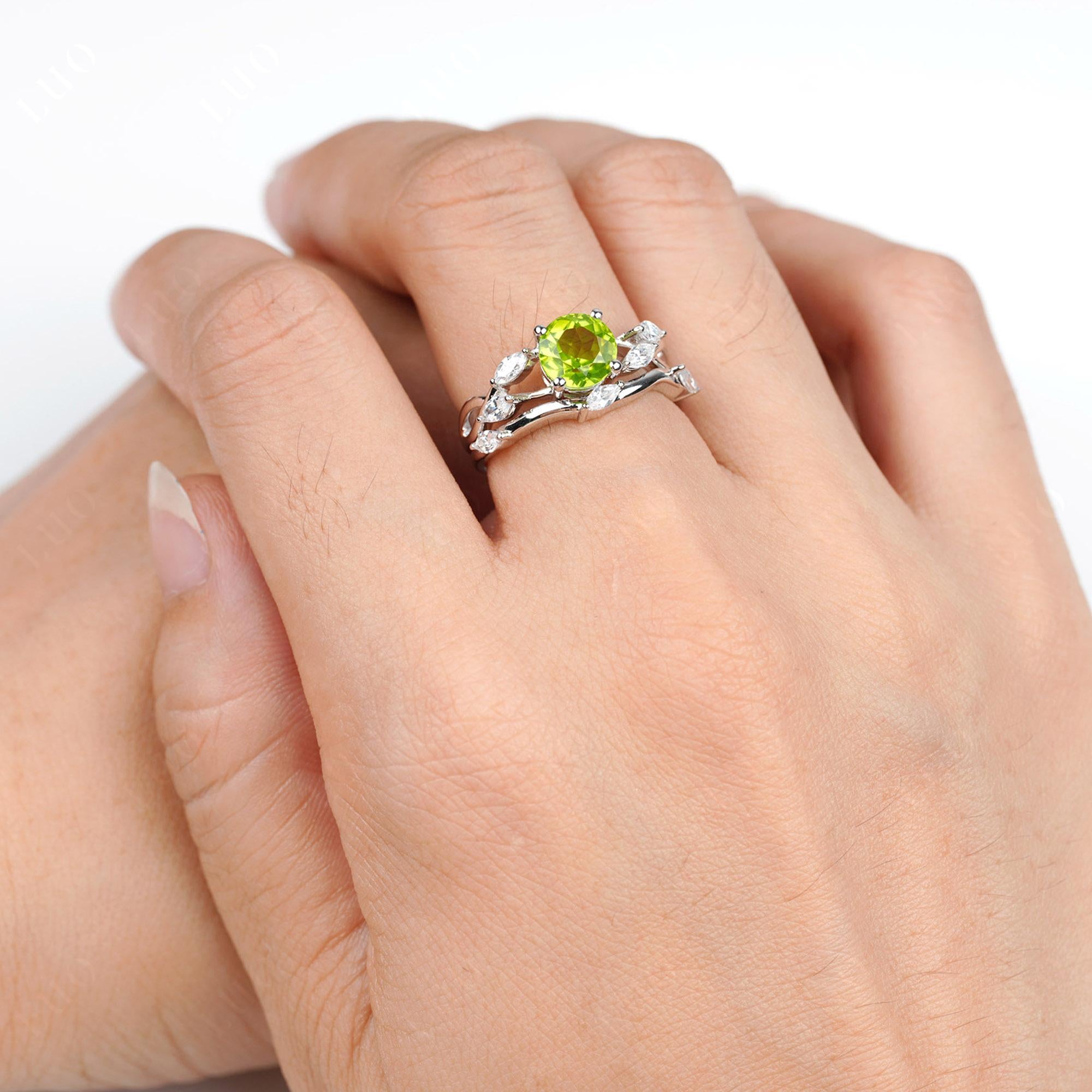 Art Deco Peridot Bridal Set Engagement Ring - LUO Jewelry 