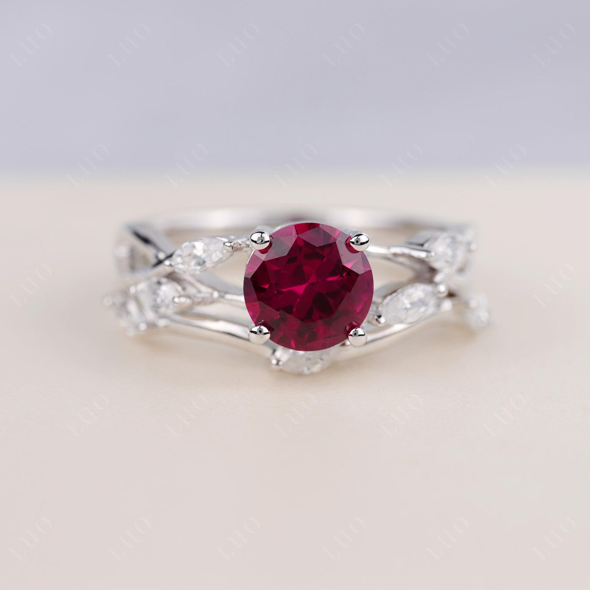 Art Deco Ruby Bridal Set Engagement Ring - LUO Jewelry 