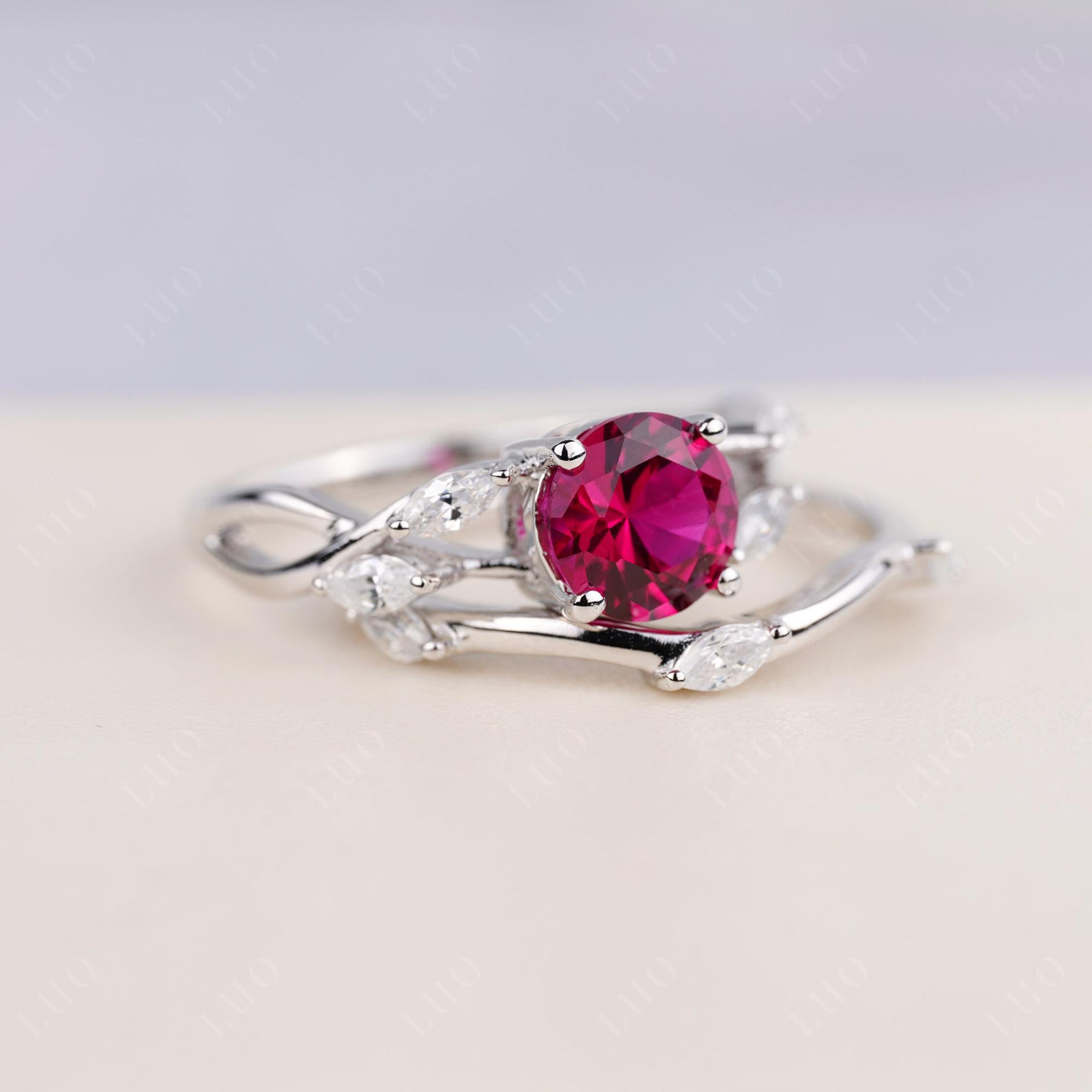 Art Deco Ruby Bridal Set Engagement Ring - LUO Jewelry 