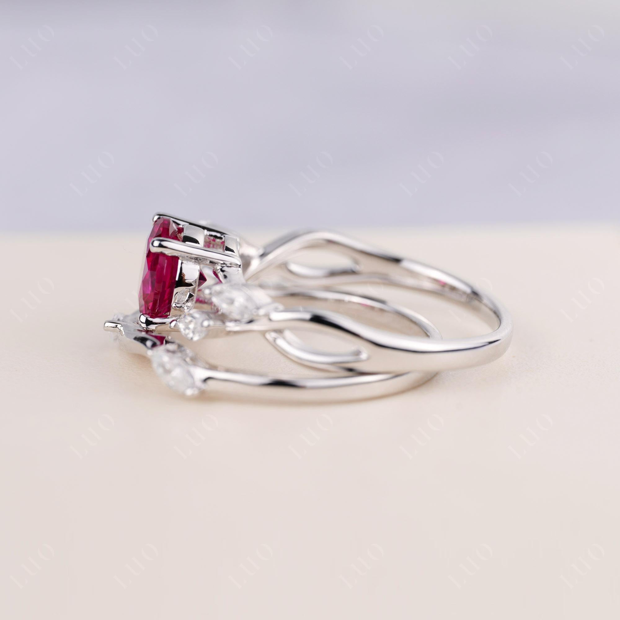 Art Deco Ruby Bridal Set Engagement Ring - LUO Jewelry 