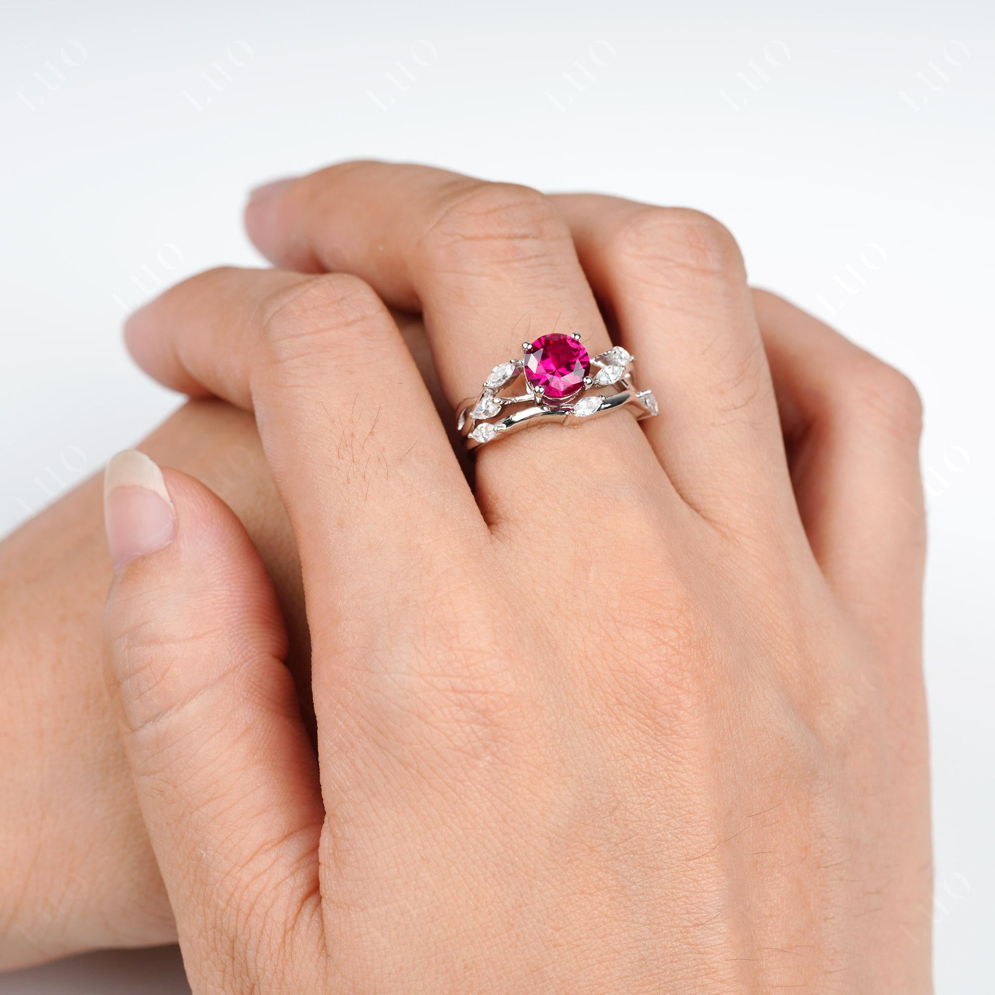 Art Deco Ruby Bridal Set Engagement Ring - LUO Jewelry 