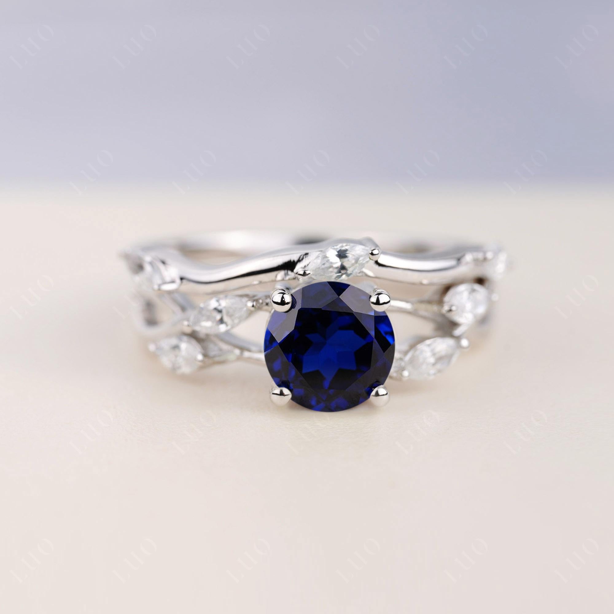 Art Deco Sapphire Bridal Set Engagement Ring - LUO Jewelry 