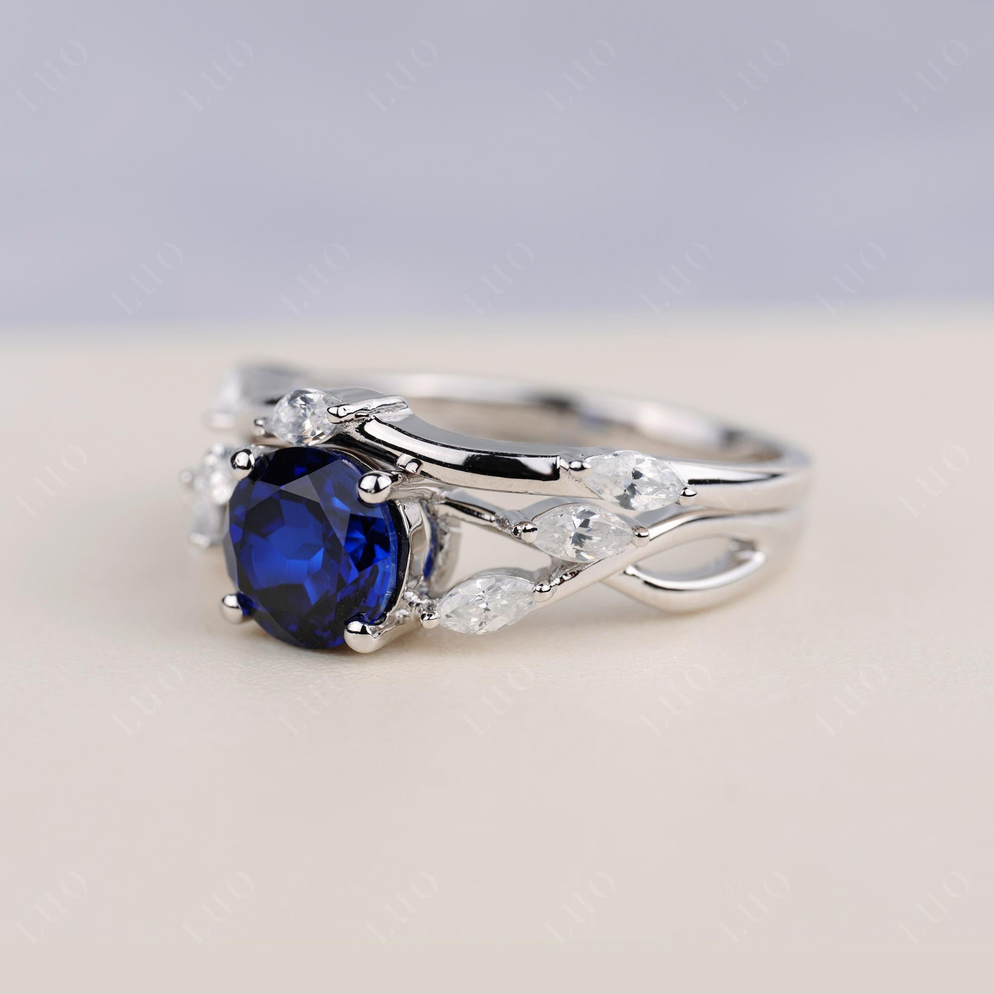 Art Deco Sapphire Bridal Set Engagement Ring - LUO Jewelry 