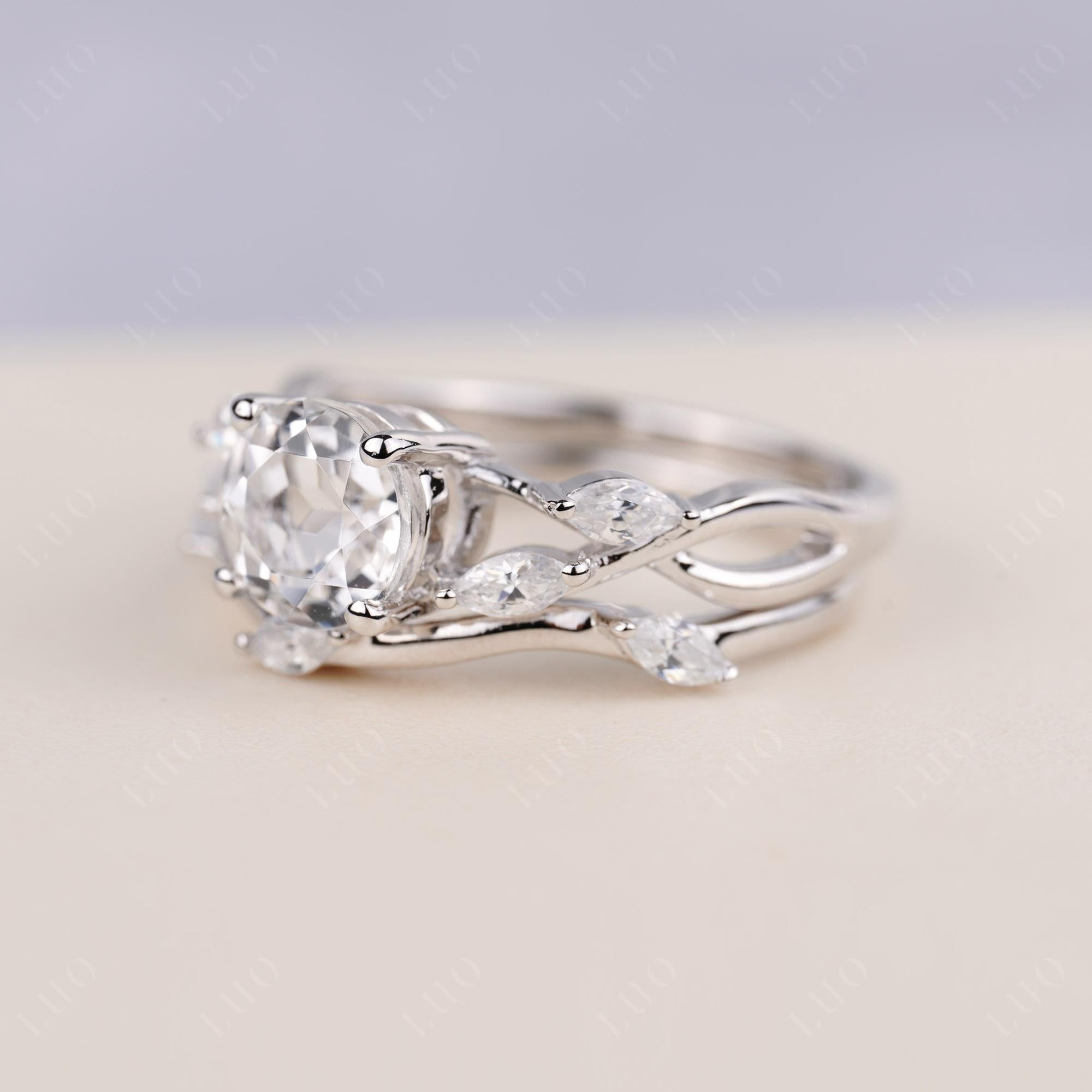 Art Deco White Topaz Bridal Set Engagement Ring - LUO Jewelry 