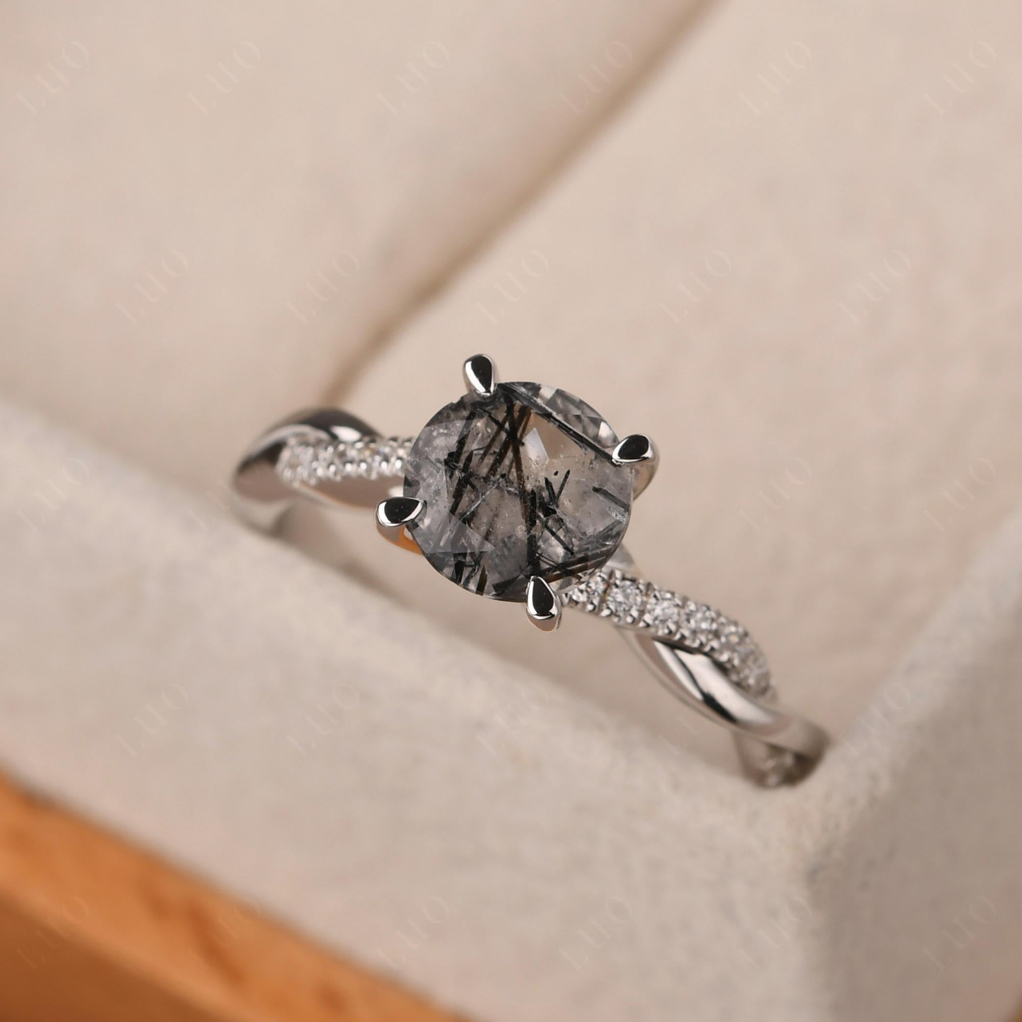 Black Rutilated Quartz Twisted Engagement Ring - LUO Jewelry 