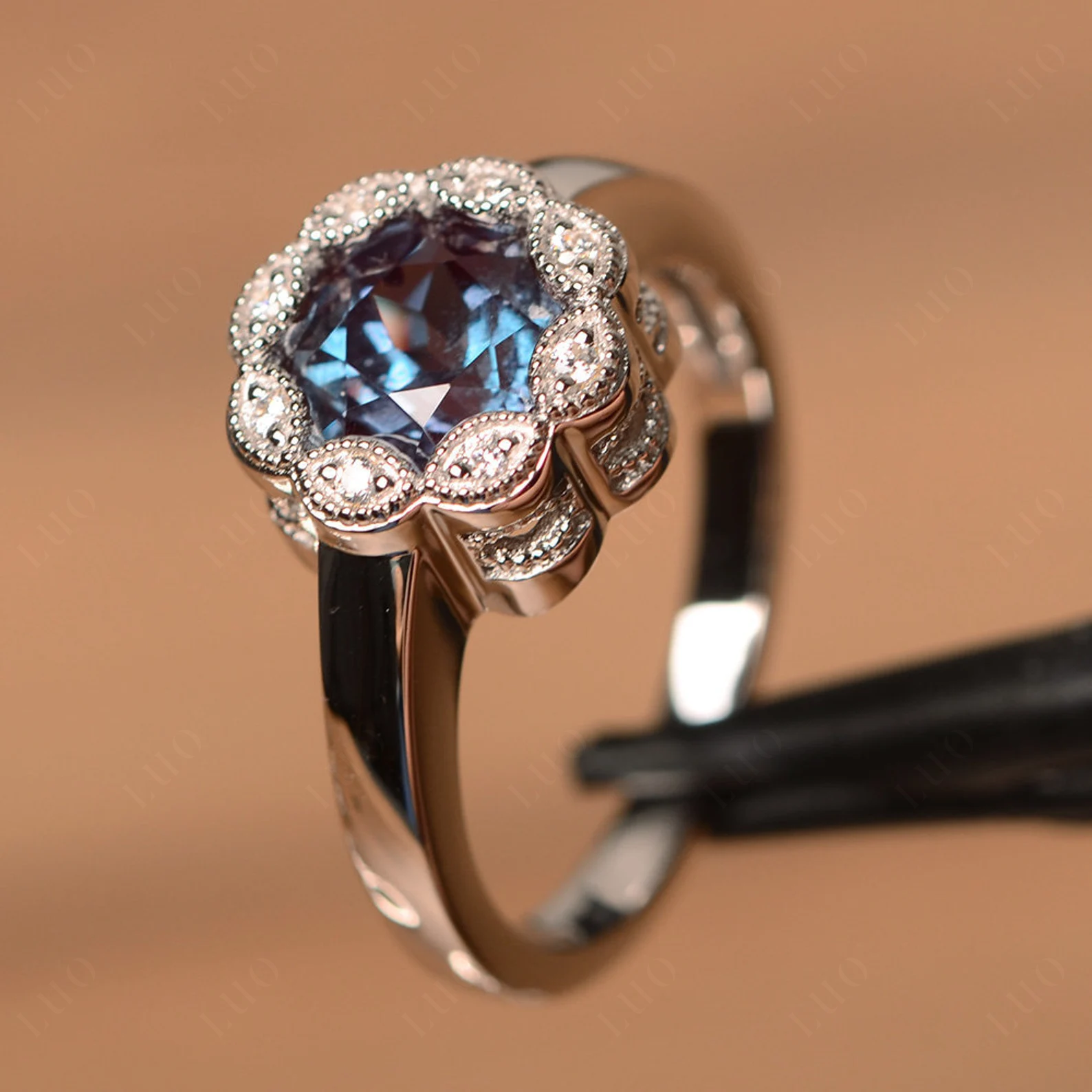 Vintage Alexandrite Ring Halo Flower Ring