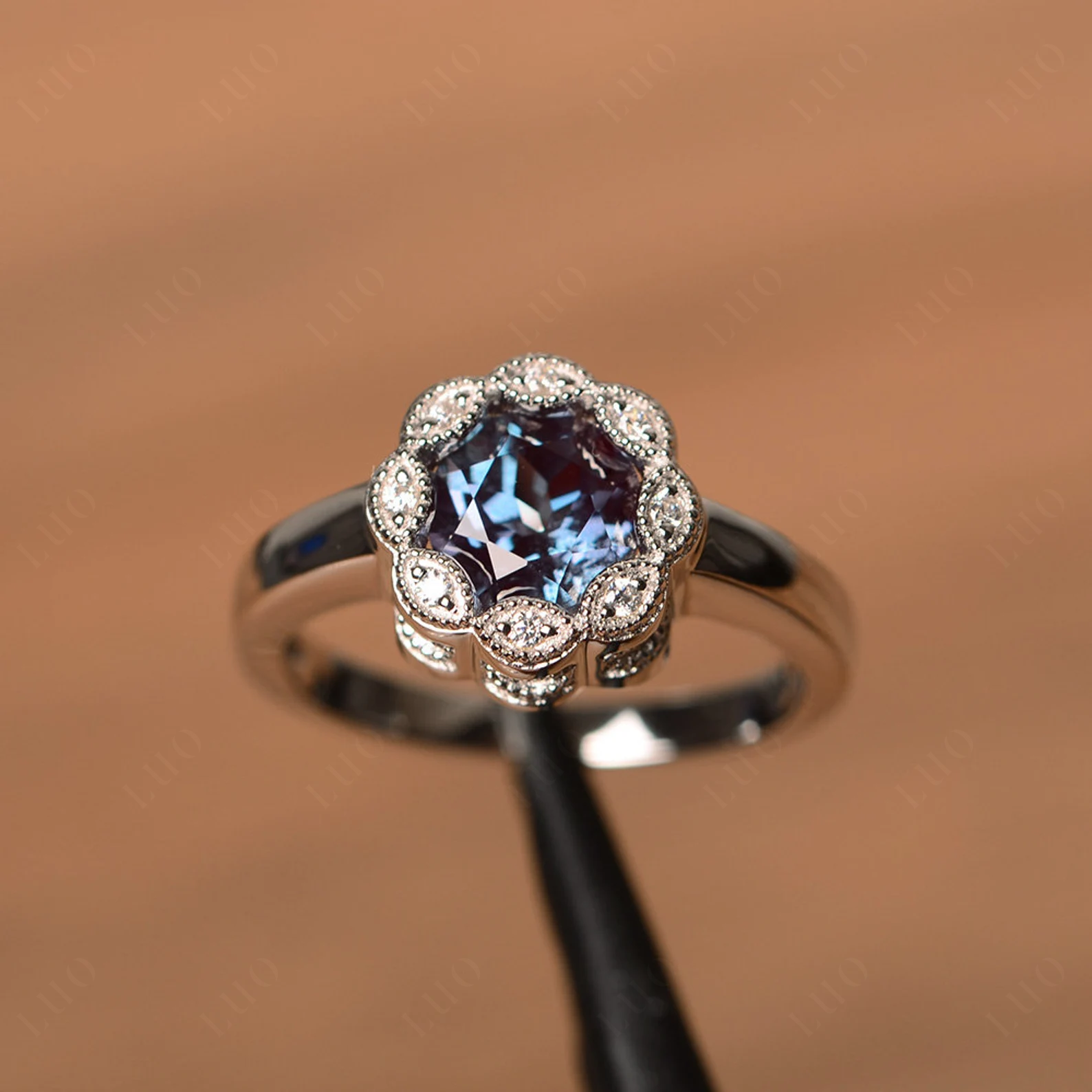 Vintage Alexandrite Ring Halo Flower Ring