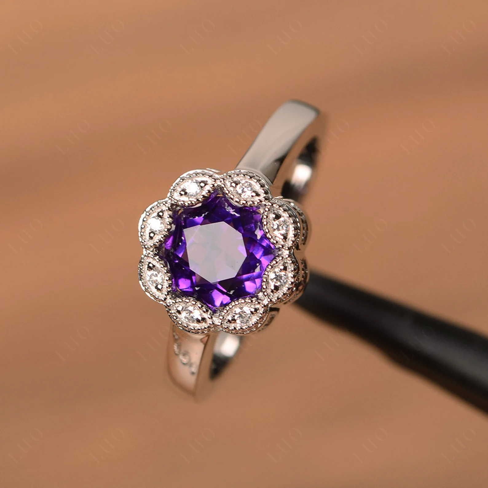 Vintage Amethyst Ring Halo Flower Ring