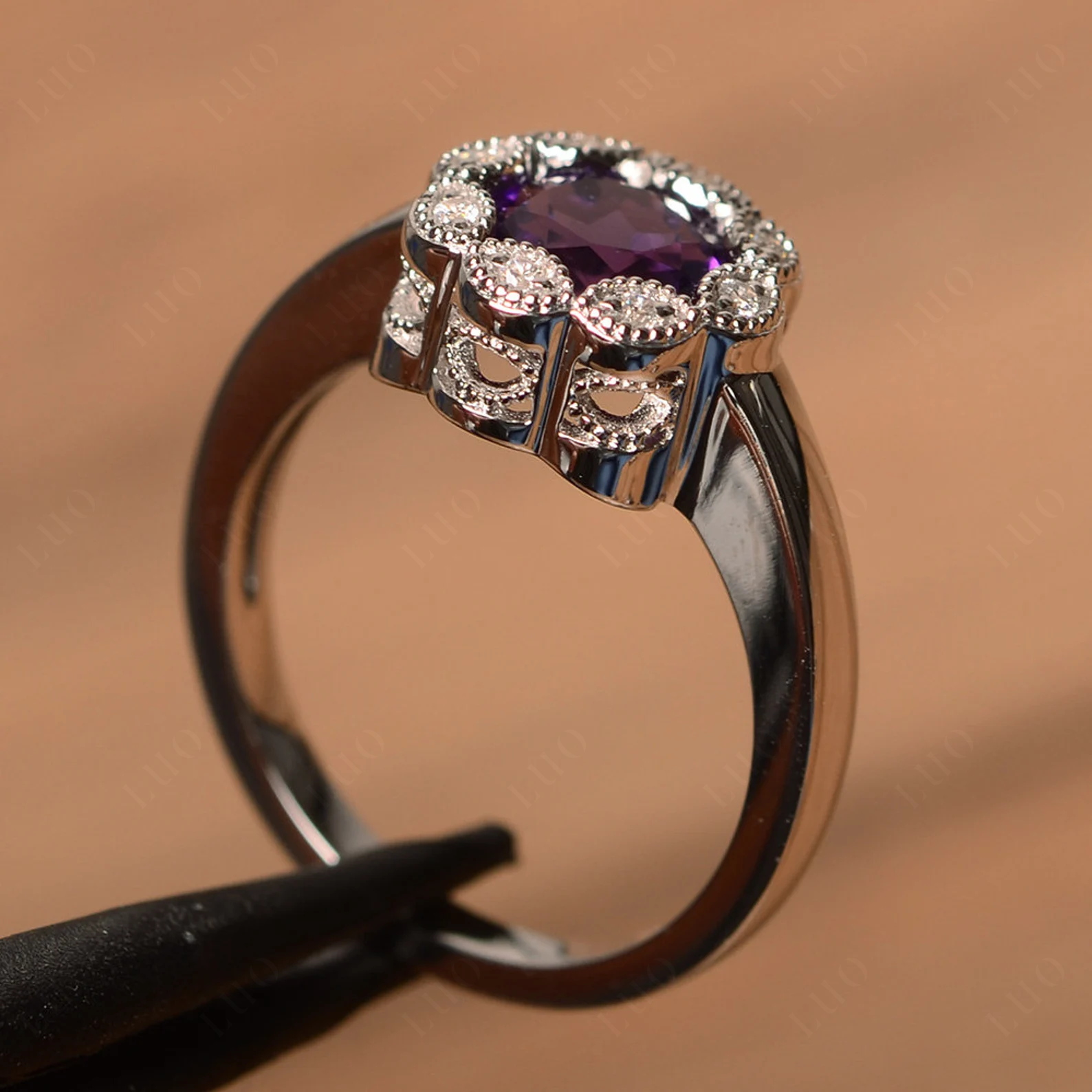 Vintage Amethyst Ring Halo Flower Ring