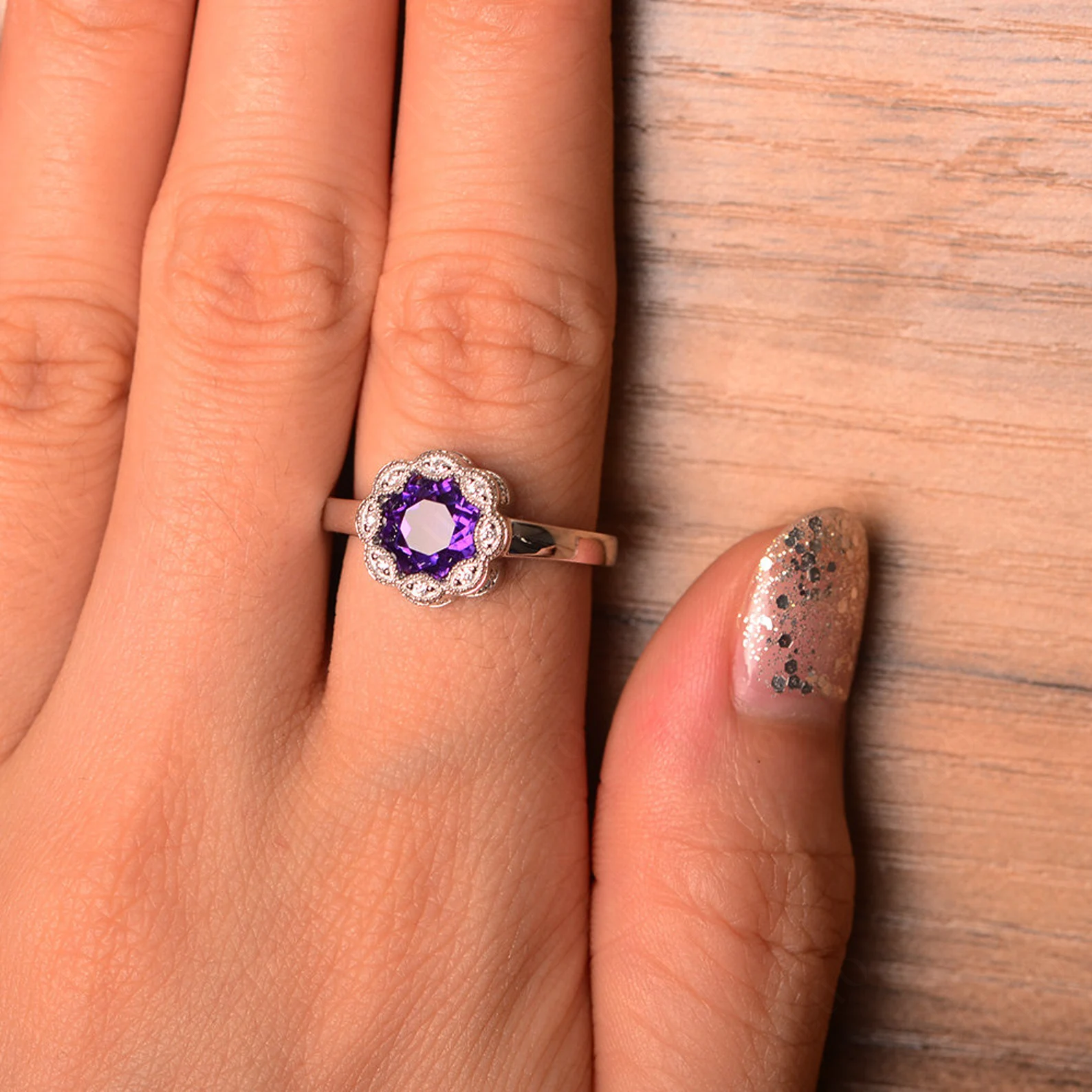 Vintage Amethyst Ring Halo Flower Ring