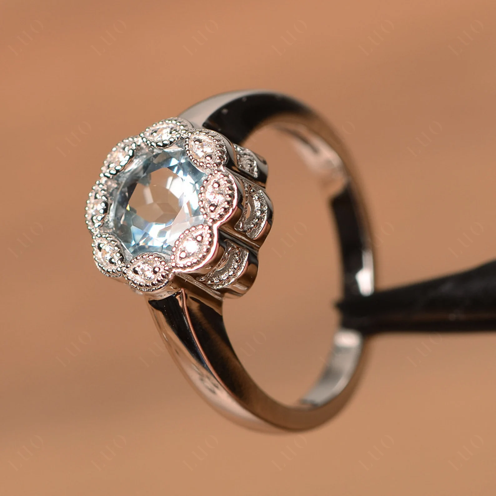 Vintage Aquamarine Ring Halo Flower Ring