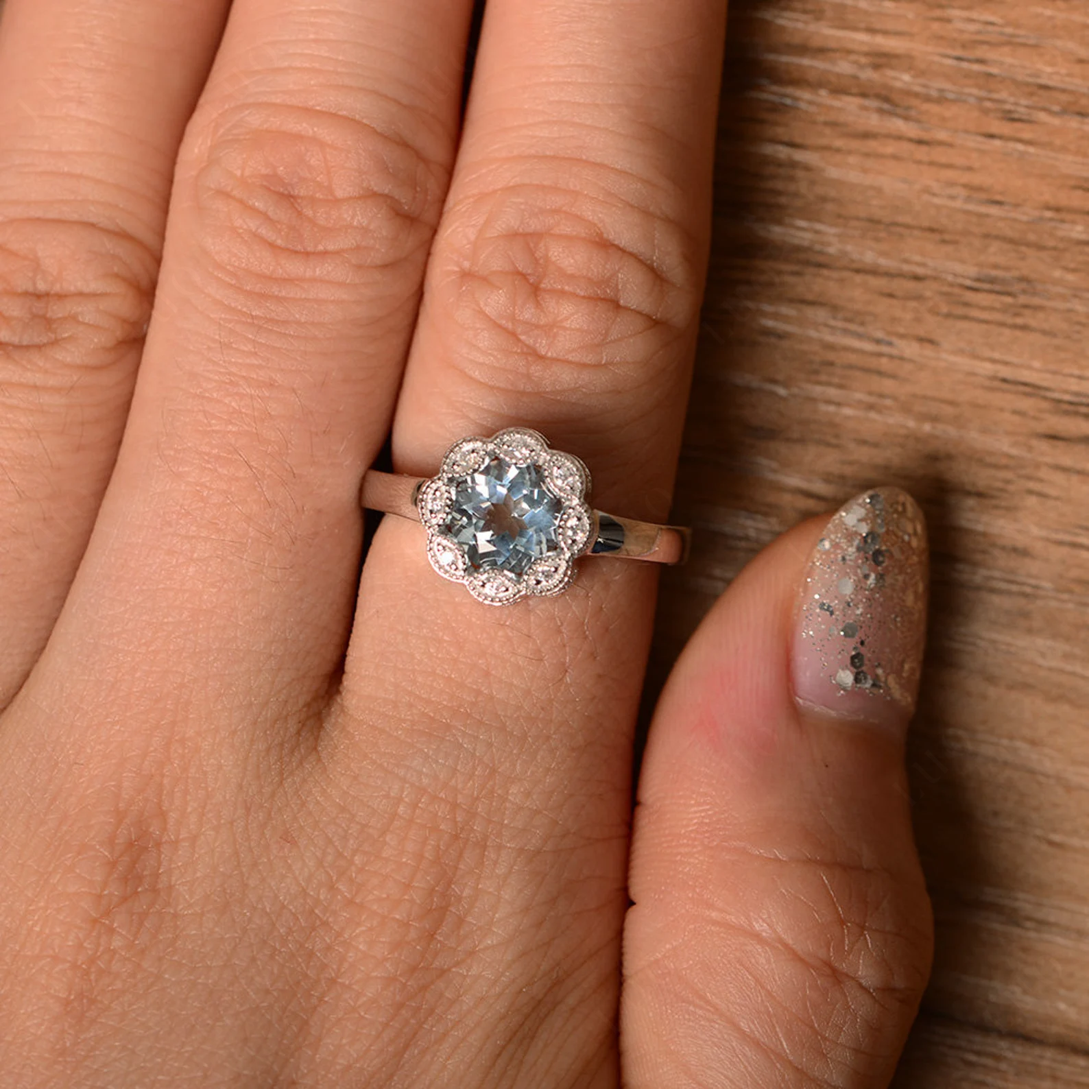 Vintage Aquamarine Ring Halo Flower Ring