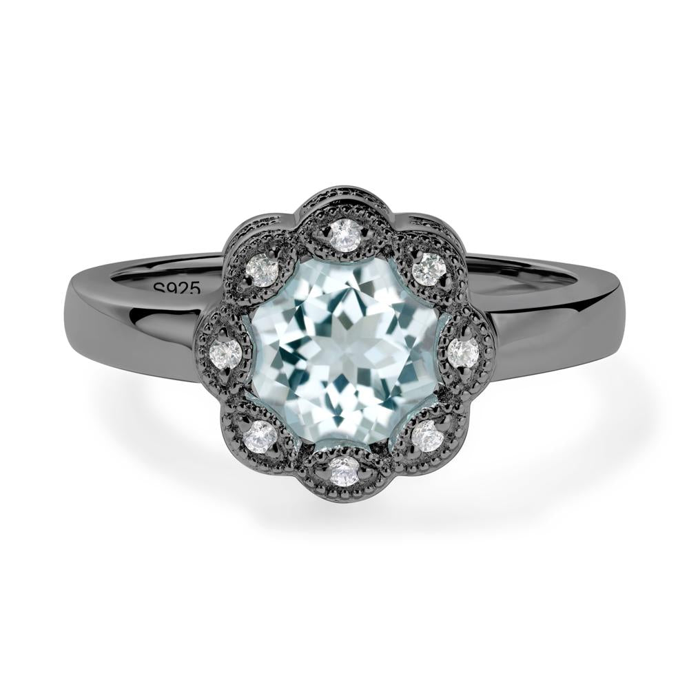 Vintage Aquamarine Ring Halo Flower Ring - LUO Jewelry #metal_black finish sterling silver