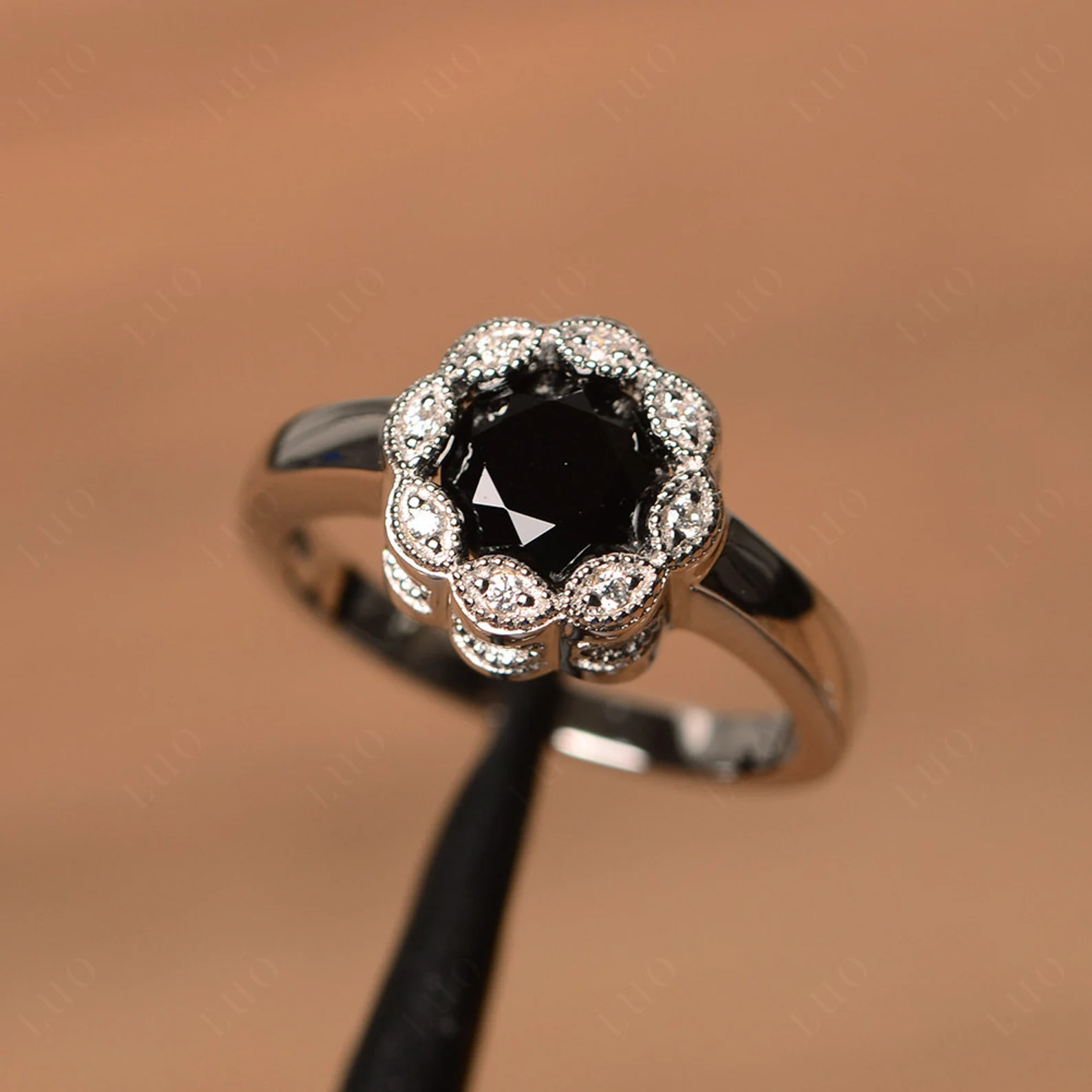 Vintage Black Spinel Ring Halo Flower Ring