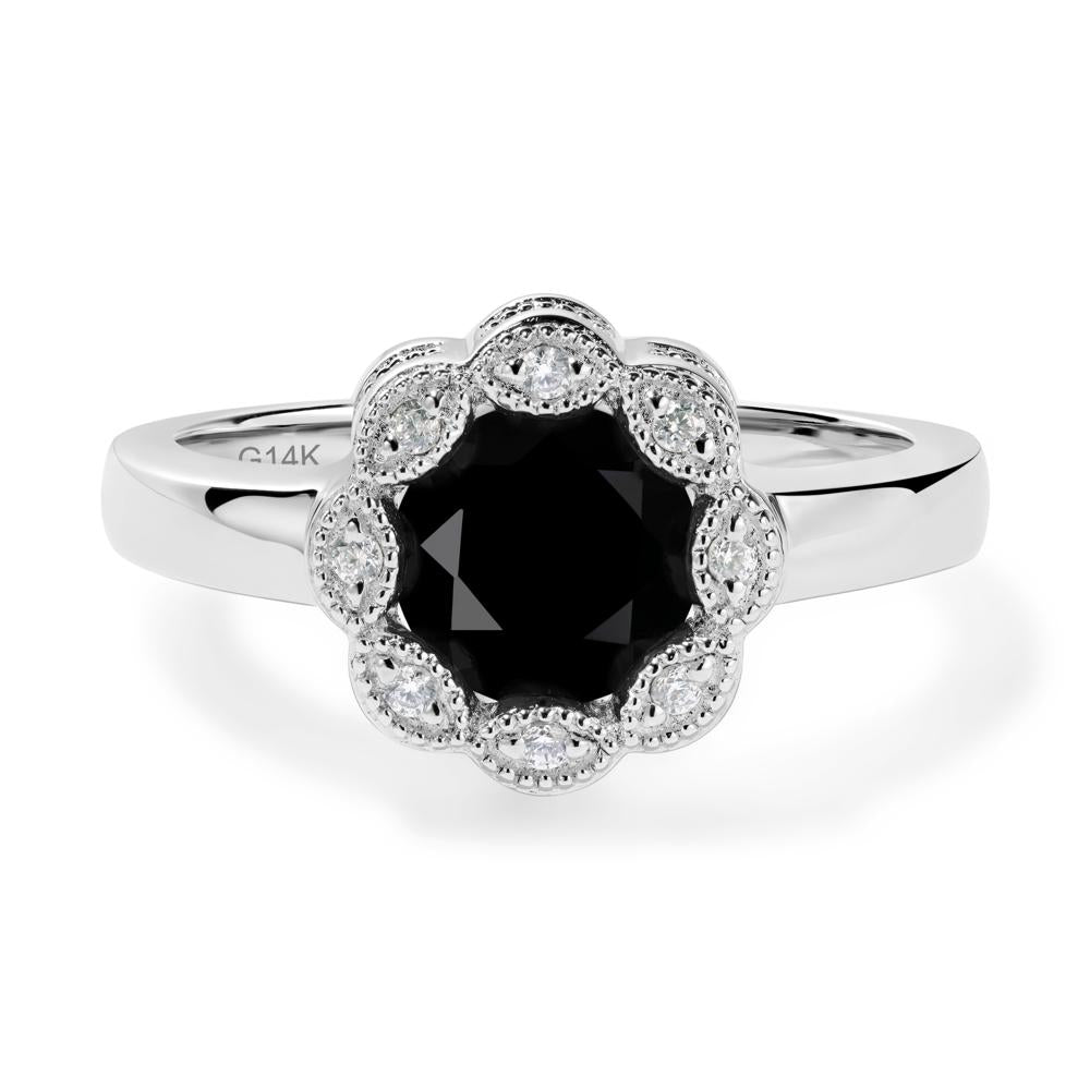 Vintage Black Spinel Ring Halo Flower Ring - LUO Jewelry #metal_14k white gold