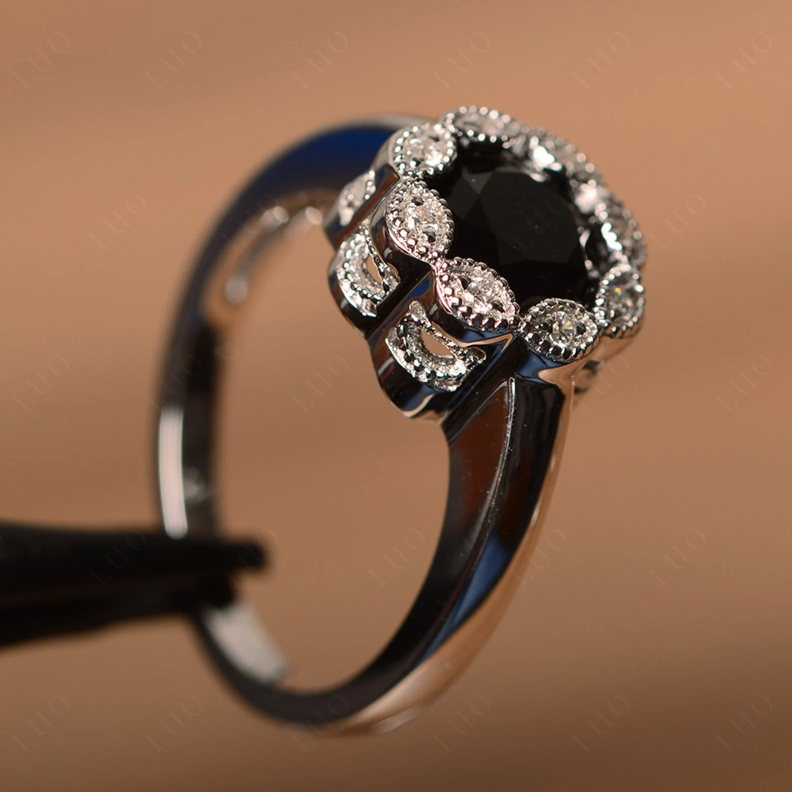 Vintage Black Spinel Ring Halo Flower Ring