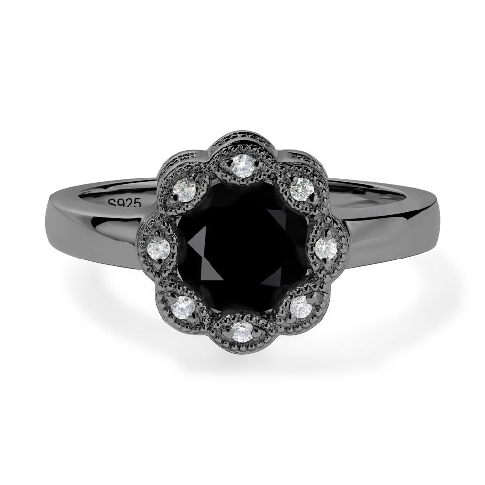 Vintage Black Spinel Ring Halo Flower Ring - LUO Jewelry #metal_black finish sterling silver