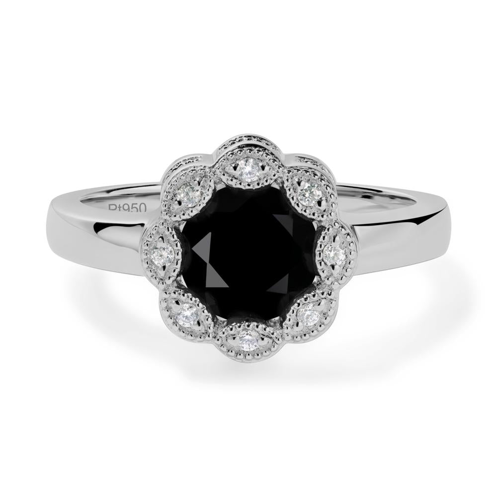 Vintage Black Spinel Ring Halo Flower Ring - LUO Jewelry #metal_platinum