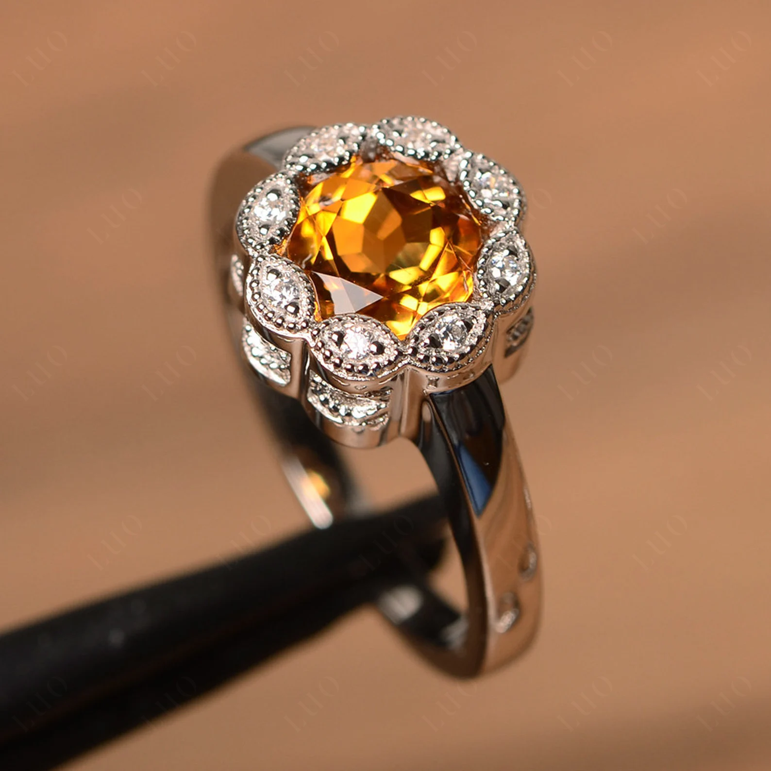 Vintage Citrine Ring Halo Flower Ring