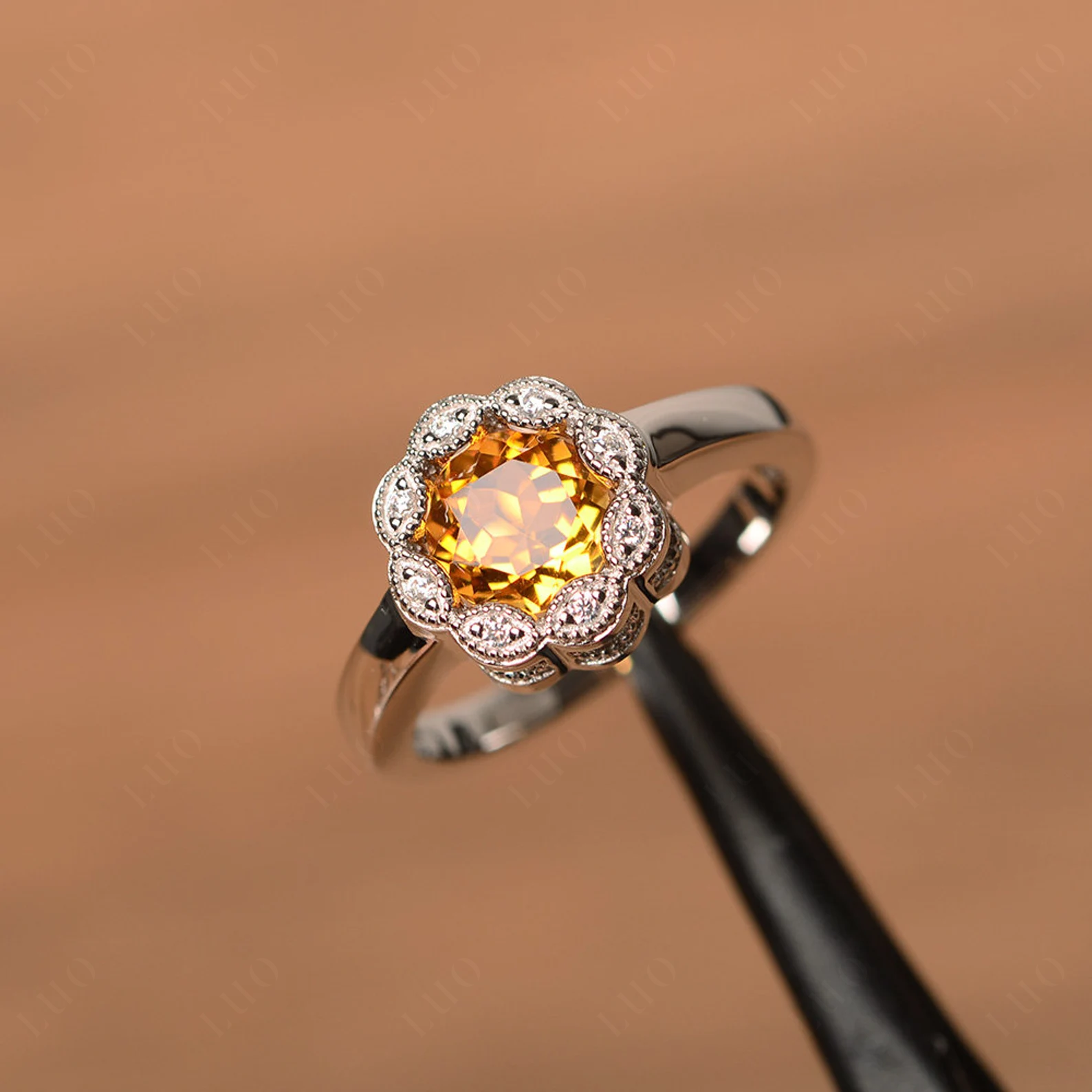 Vintage Citrine Ring Halo Flower Ring