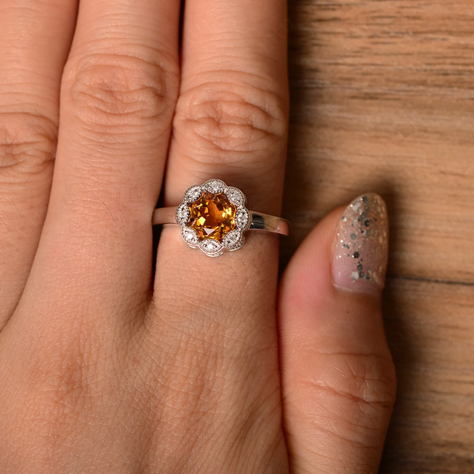 Vintage Citrine Ring Halo Flower Ring