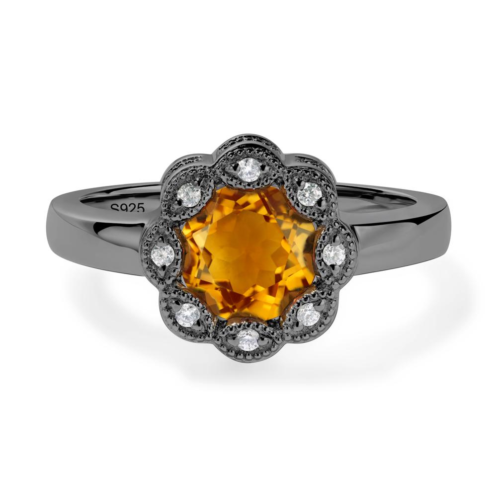 Vintage Citrine Ring Halo Flower Ring - LUO Jewelry #metal_black finish sterling silver